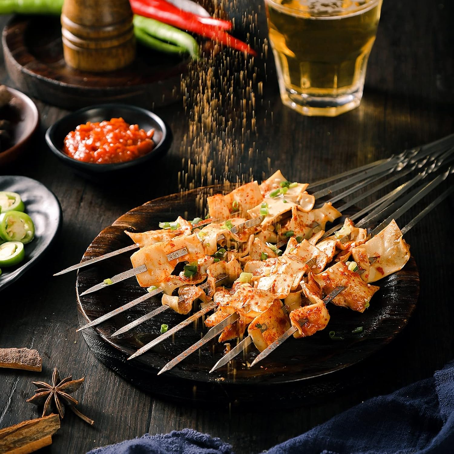 50 brochetas de metal plano para barbacoa de 14.8 pulgadas de largo de acero inoxidable, palitos de kebob anchos reutilizables para cocinar al aire