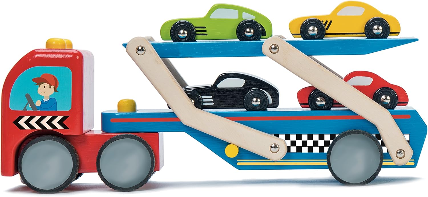 Le Toy Van Motores, aviones y garajes, juego de transportador de autos de carreras, juguetes de madera de primera calidad para niños a partir de 3