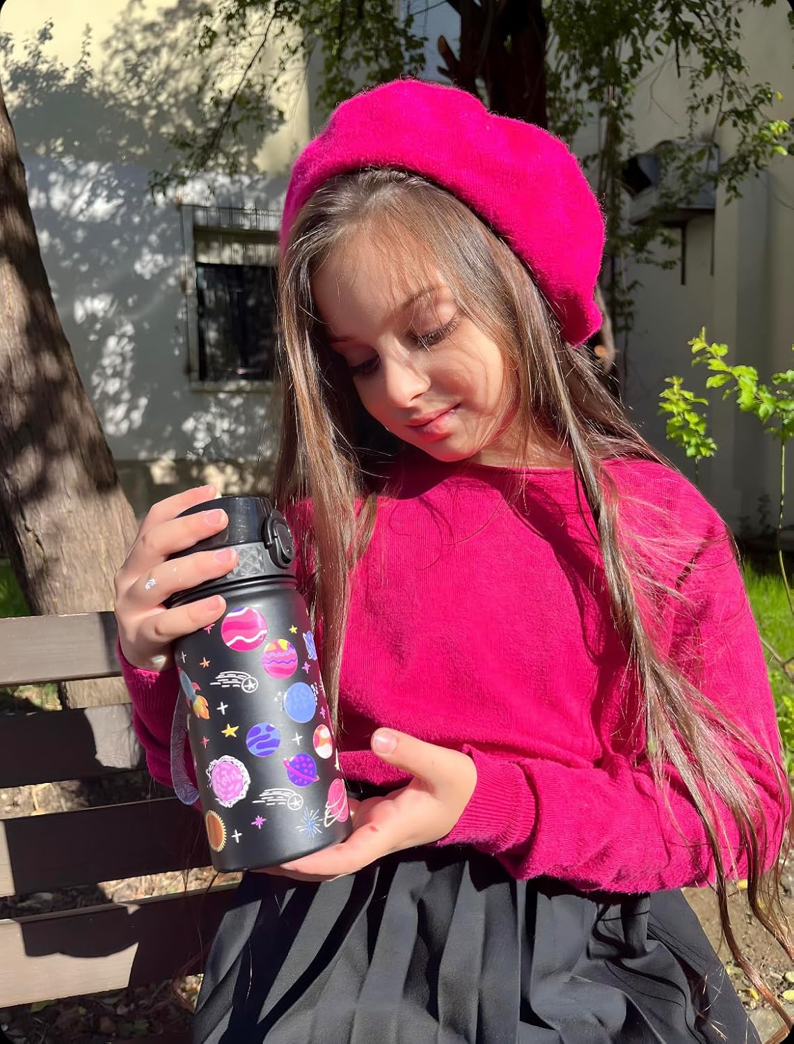 GOPPUS Botella de agua aislada para niños, botella de viaje de acero inoxidable 188 de 14 onzas sin BPA con popote de doble pared al vacío a prueba
