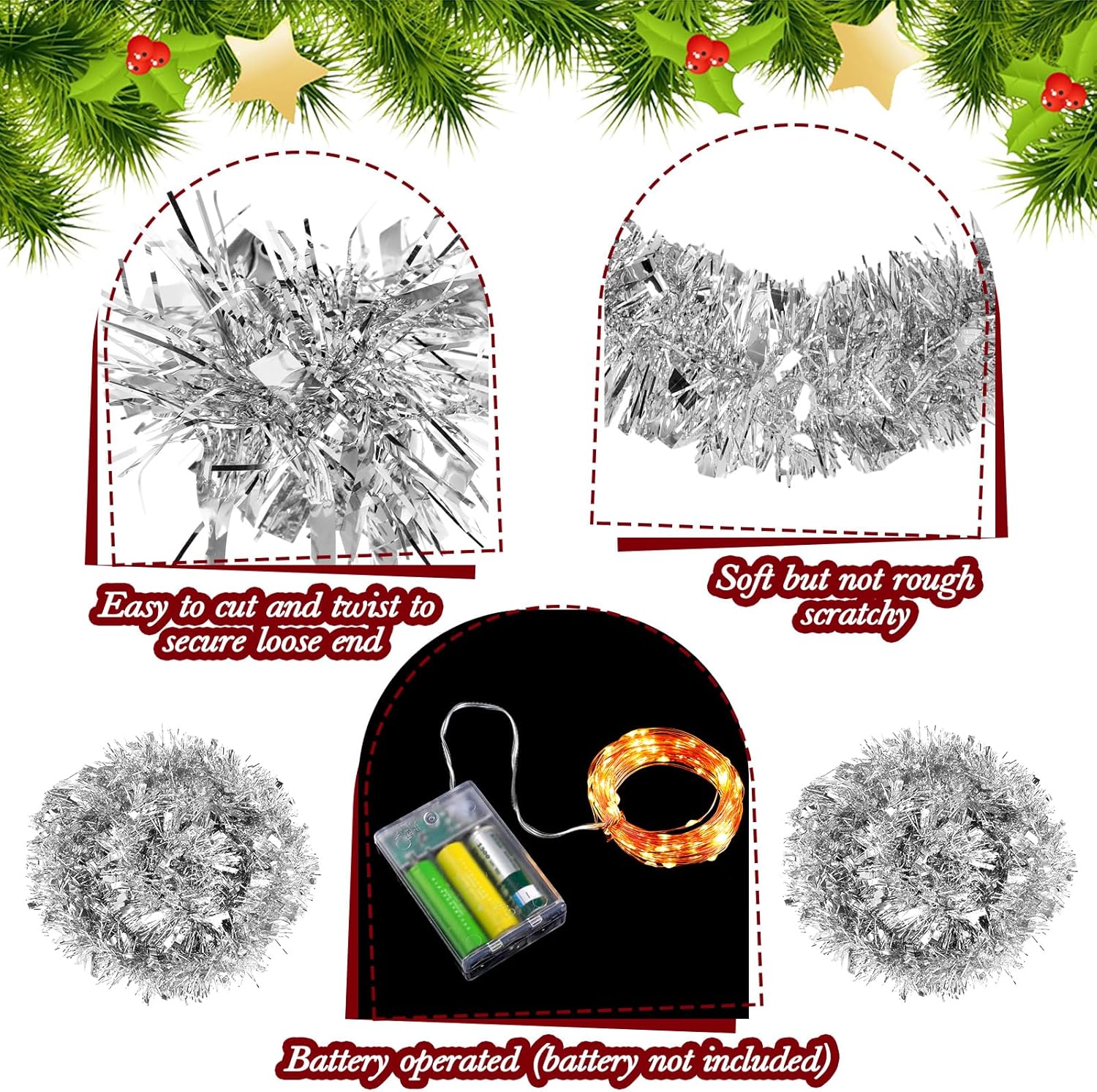 Glitinsel Guirnalda metálica de oropel preiluminada de Navidad con tira de luces LED, guirnalda de Navidad para colgar en el árbol de Navidad, boda,