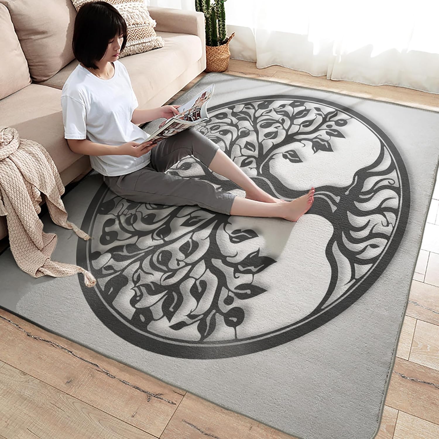 Alfombra de 2 x 3, alfombra de árbol de la vida para entrada, sala de estar, dormitorio, alfombra gris pequeña y decoración de dormitorio, lavable,