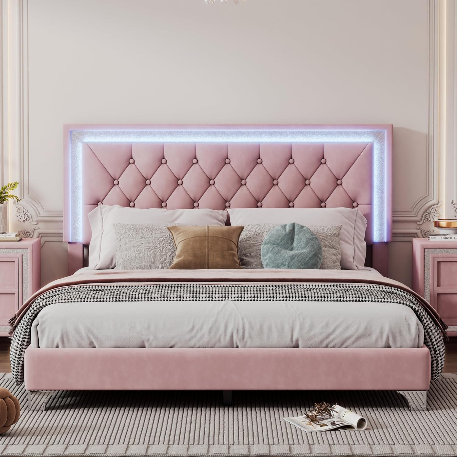 Base de cama tapizada tamaño Queen con luces LED, cama de plataforma de terciopelo moderna con cabecera capitonada de cristal, para niños,