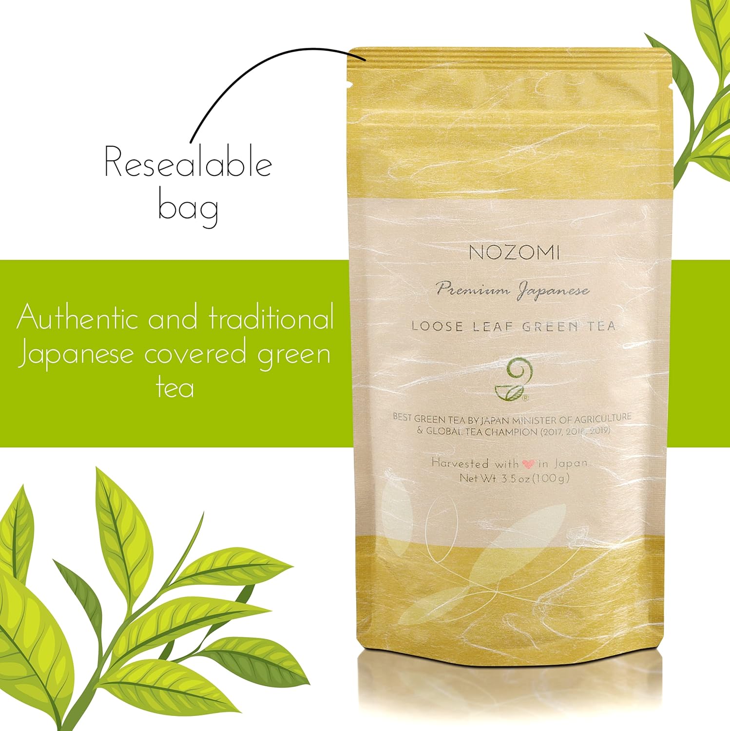 Nozomi Té verde japonés de hojas sueltas (3.5 onzas)  Vegano de origen único rico en antioxidantes Kabuse Sencha Té verde orgánico