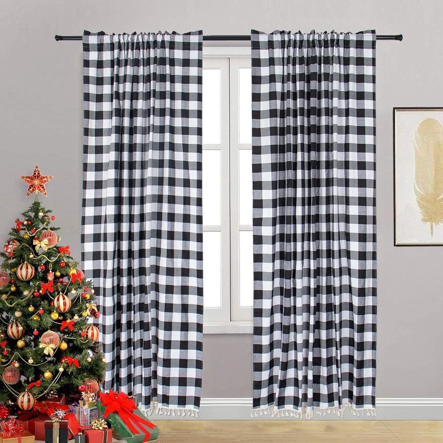 ShinyBeauty Cortinas a cuadros de búfalo negro, 2 paneles de 84 pulgadas de largo, cortinas a cuadros de granja, cortinas de algodón con borlas y