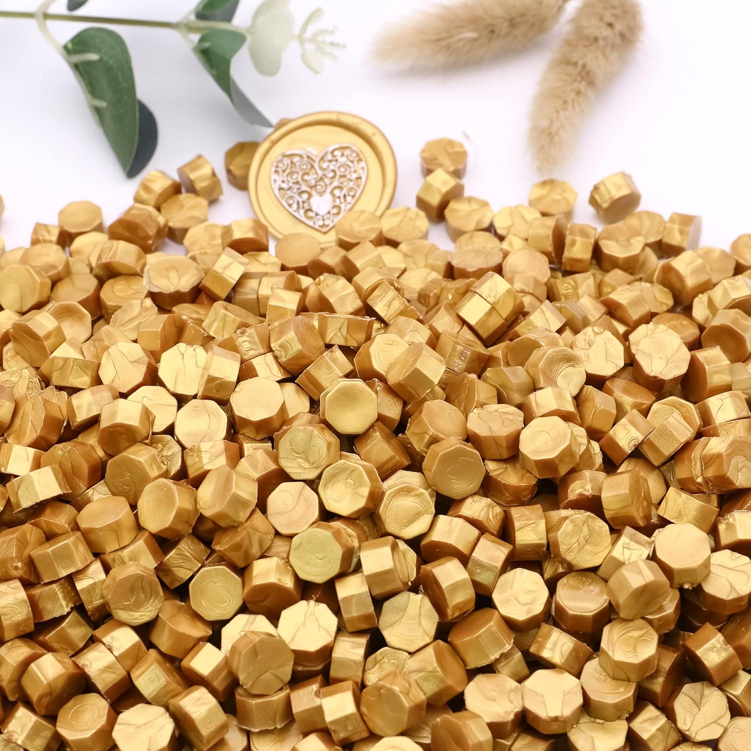 SWANGSA Kit de 360 cuentas de cera de sellado dorado con 2 velas de té y 1 cuchara de fusión de cera para sello de cera (dorado)
