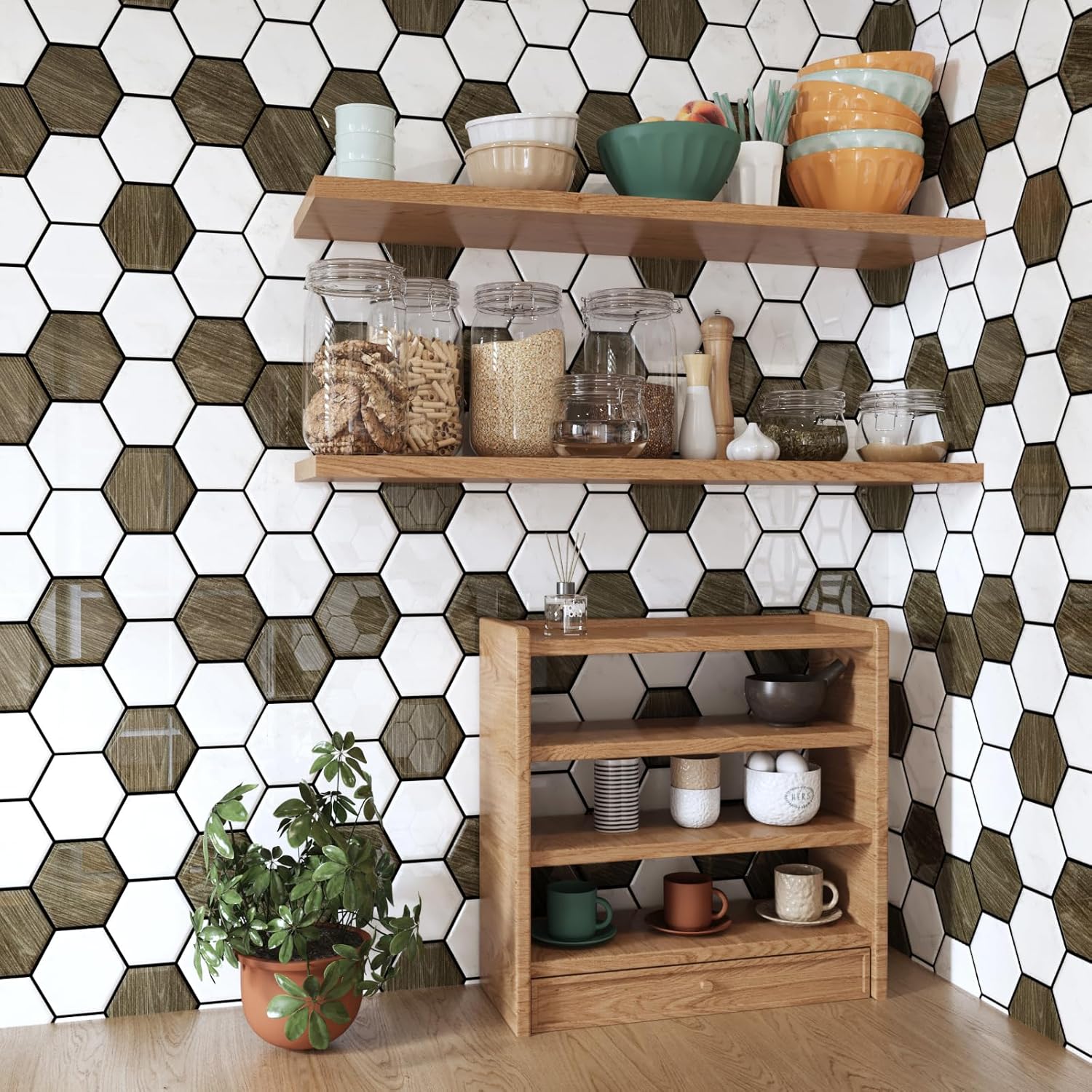 CRE8TIVE 4 hojas de azulejos hexagonales para despegar y pegar contra salpicaduras de 12 x 12 pulgadas para pegar en el muro para cocina,