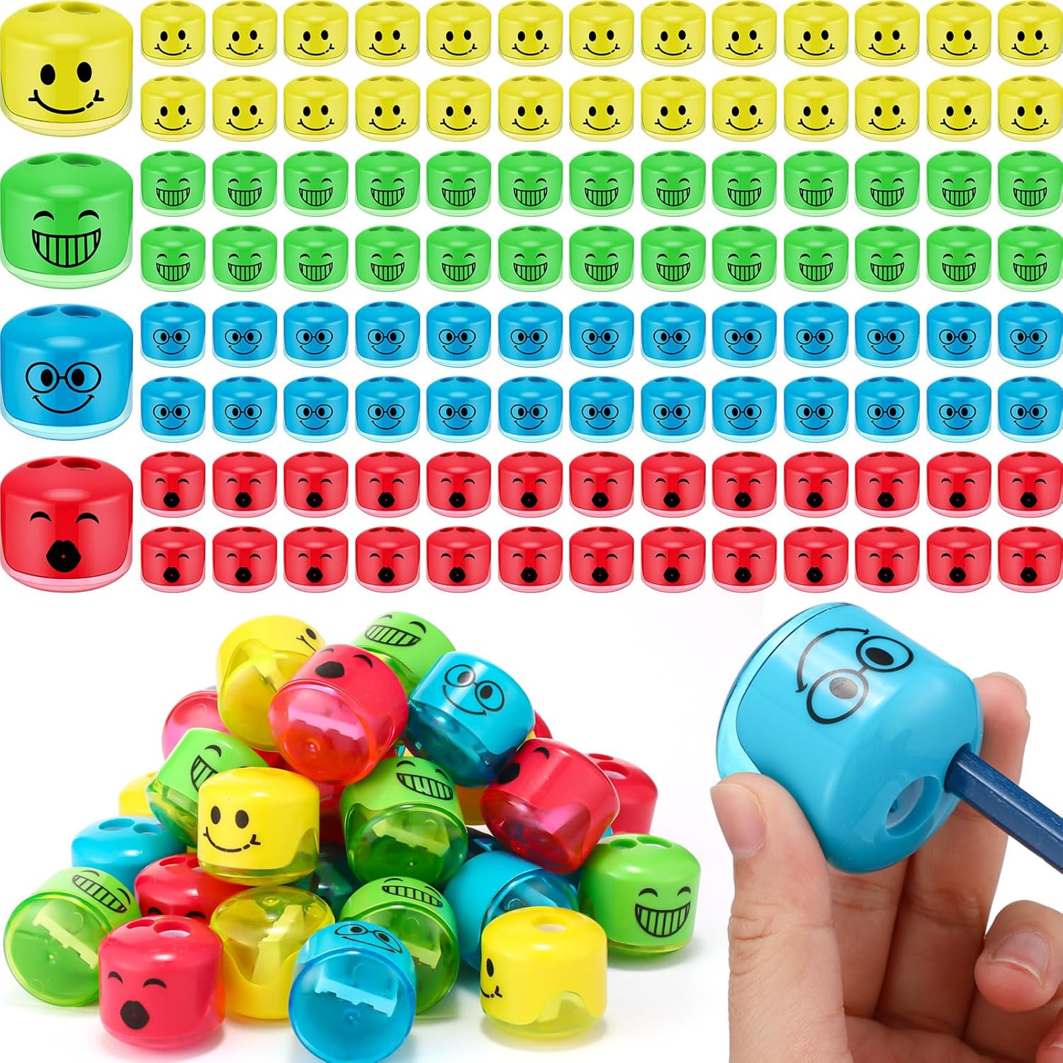 240 sacapuntas de mano para niños, sacapuntas manuales de doble agujero, sacapuntas de expresión de dibujos animados coloridos para escuela,