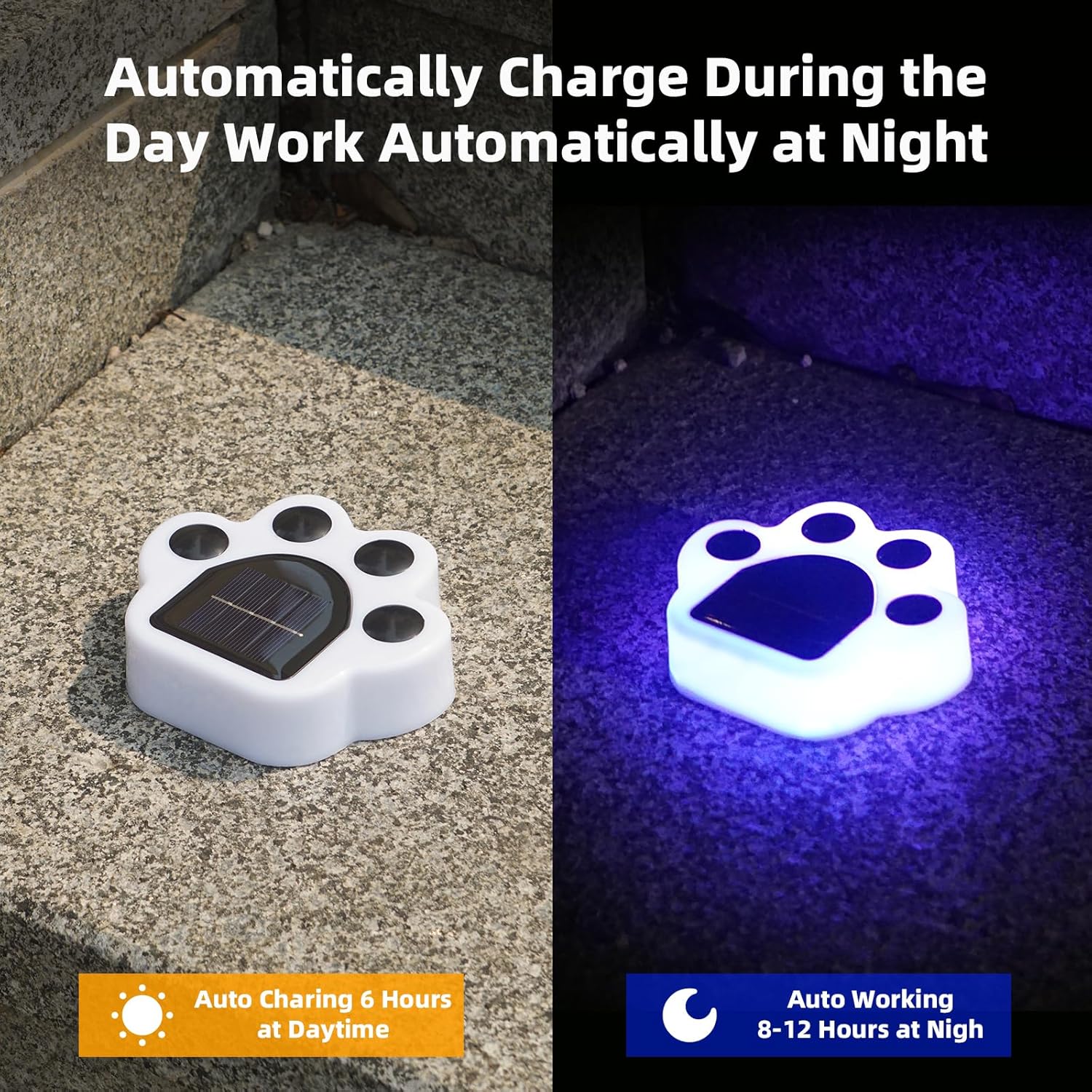 CreekFrog Paquete de 4 luces solares con estampado de patas, luz solar para jardín, impermeable, gato, perro, animal, camino, luces LED para el