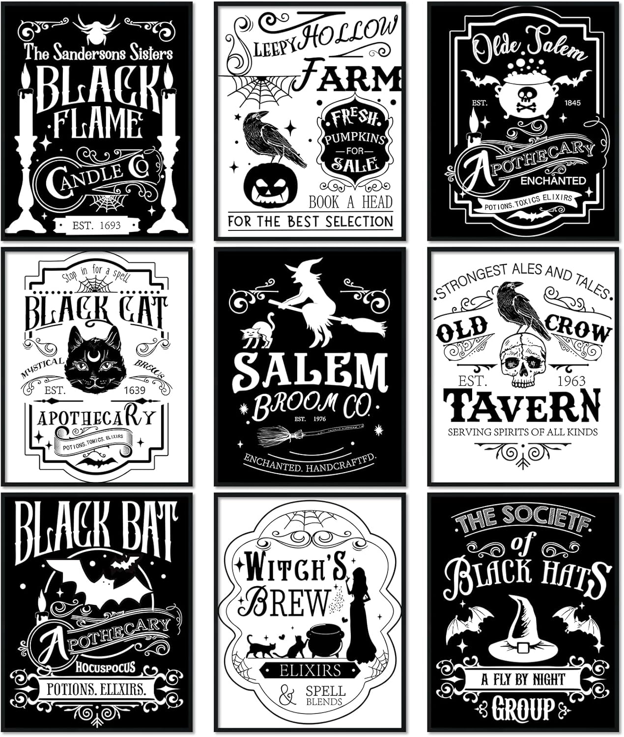 AnyDesign – 9 piezas de arte de pared de bruja de Halloween, diseño de esqueleto de gato blanco y negro, diseño de arte de palabra, decoración de