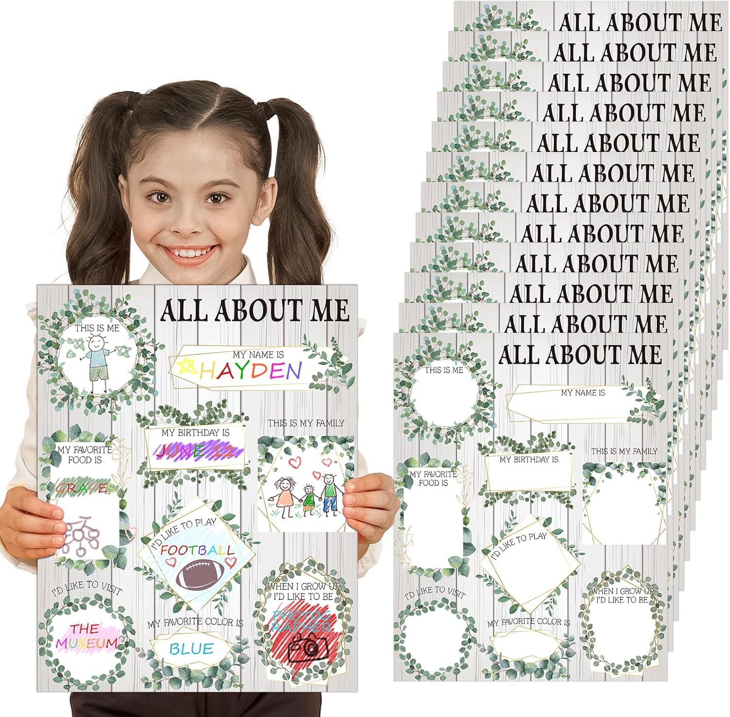 Sherr 60 pósteres de All About Me para niños, hojas verdes, arcoíris, póster escolar de eucalipto, póster para estudiantes, aula, jardín de