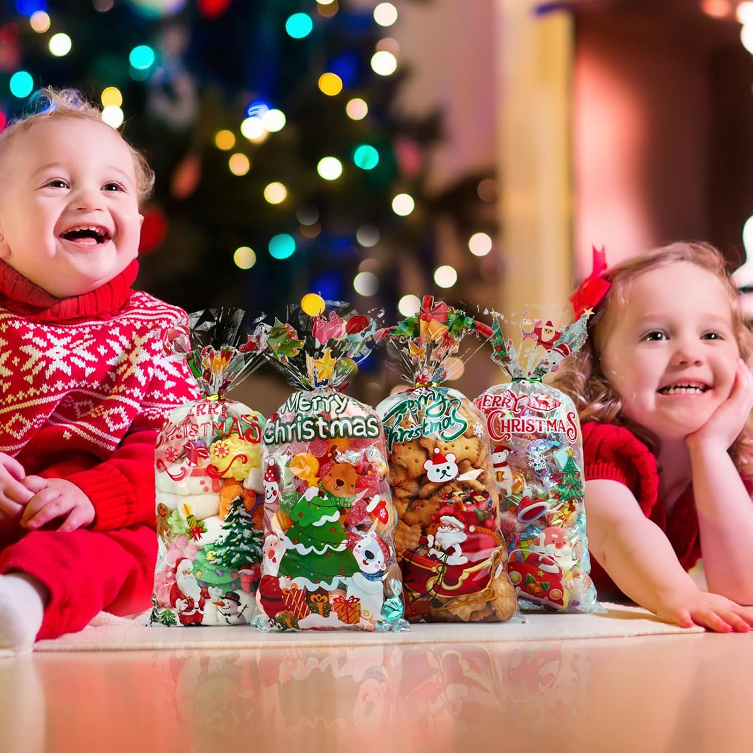 JMANNI 120 bolsas de celofán de Navidad, bolsas transparentes de celofán de Navidad, bolsas de dulces dulces de celofán de Navidad, bolsas de fiesta