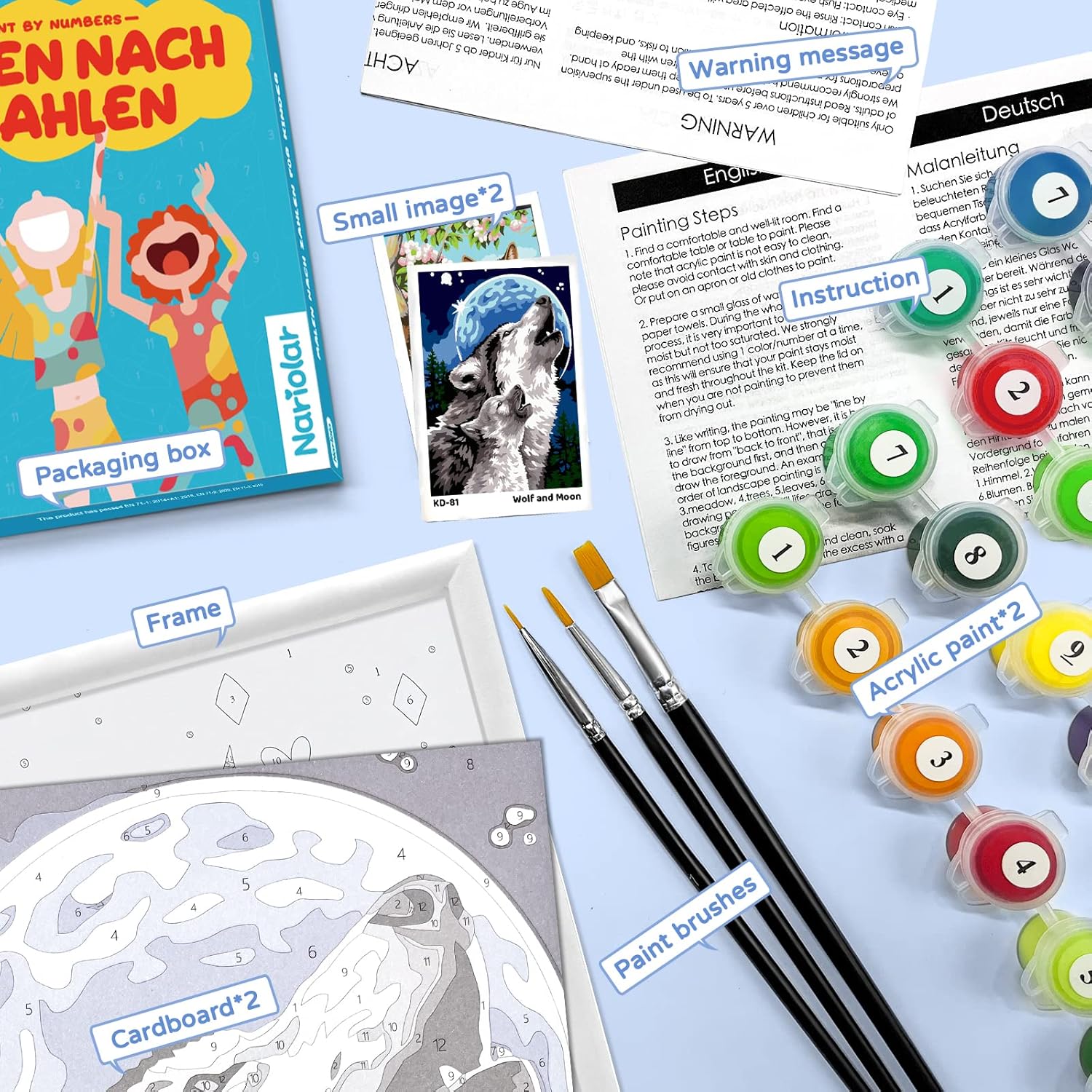 Nariolar Pintura por números para niños de 8 a 12 años con cartón preimpreso de 7 x 9.5 pulgadas, 2 juegos de macetas de pintura acrílica y 3