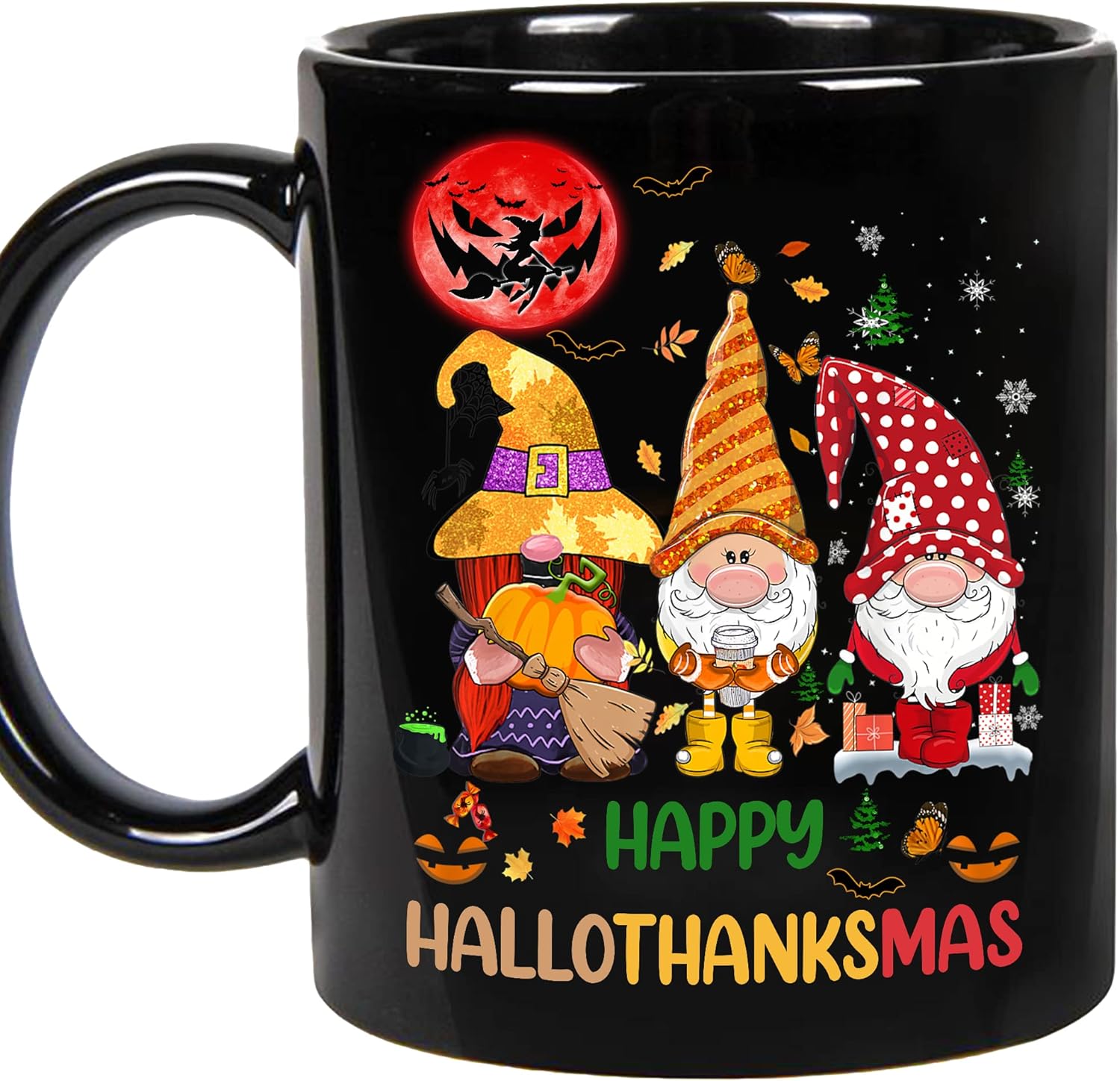 Gnomos Acción de Gracias, Halloween y Feliz Navidad  Gnomos Happy Hallothank Gnomos, gato, unicornio, Tee 2020-2021  Taza de café de cerámica (11