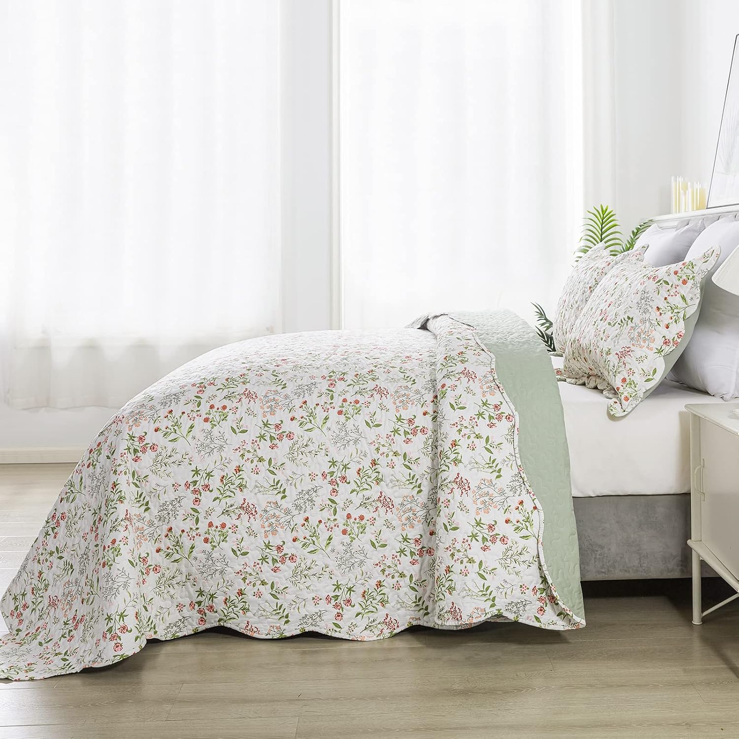 HoneiLife Colcha floral tamaño King  Juego de edredón de microfibra de 3 piezas, colchas ligeras de flores silvestres, funda de cama natural, juego