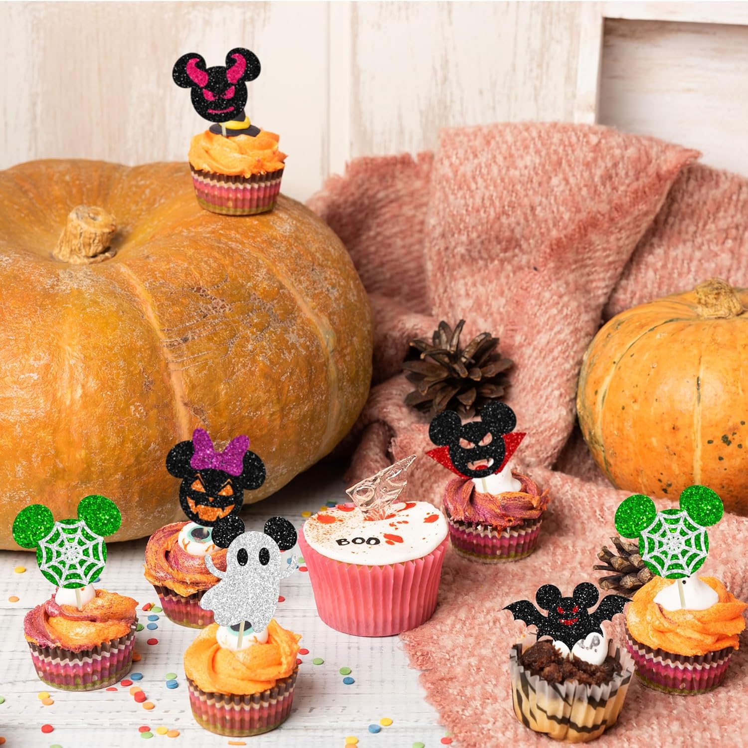 24 piezas inspiradas en mini ratones para cupcakes de Halloween con purpurina para cupcakes de Halloween, murciélagos, calabaza, fantasma,