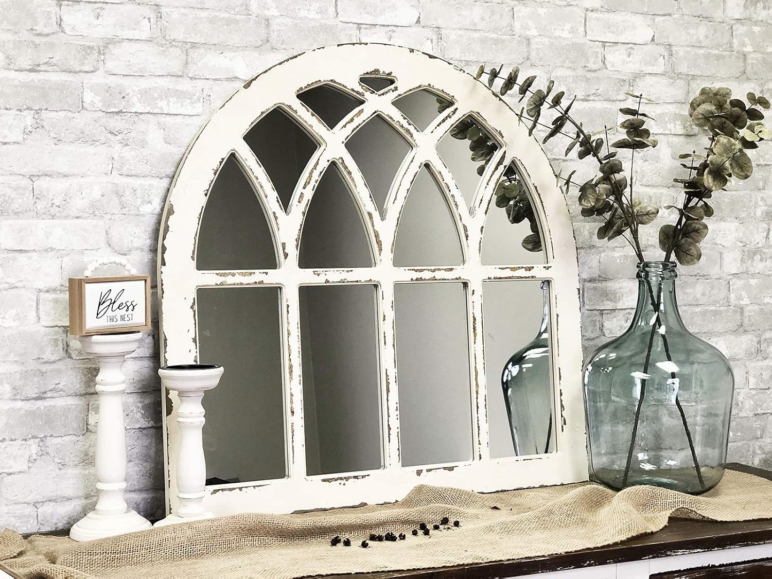 Espejo de pared de madera con arco de catedral rústico, espejo de pared con marco de madera rústica para ventana, color blanco envejecido, 31-78