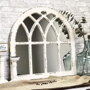 Espejo de pared de madera con arco de catedral rústico, espejo de pared con marco de madera rústica para ventana, color blanco envejecido, 31-78 Espejo de pared de madera con arco de catedral rústico, espejo de pared con marco de madera rústica para ventana, color blanco envejecido, 31-78