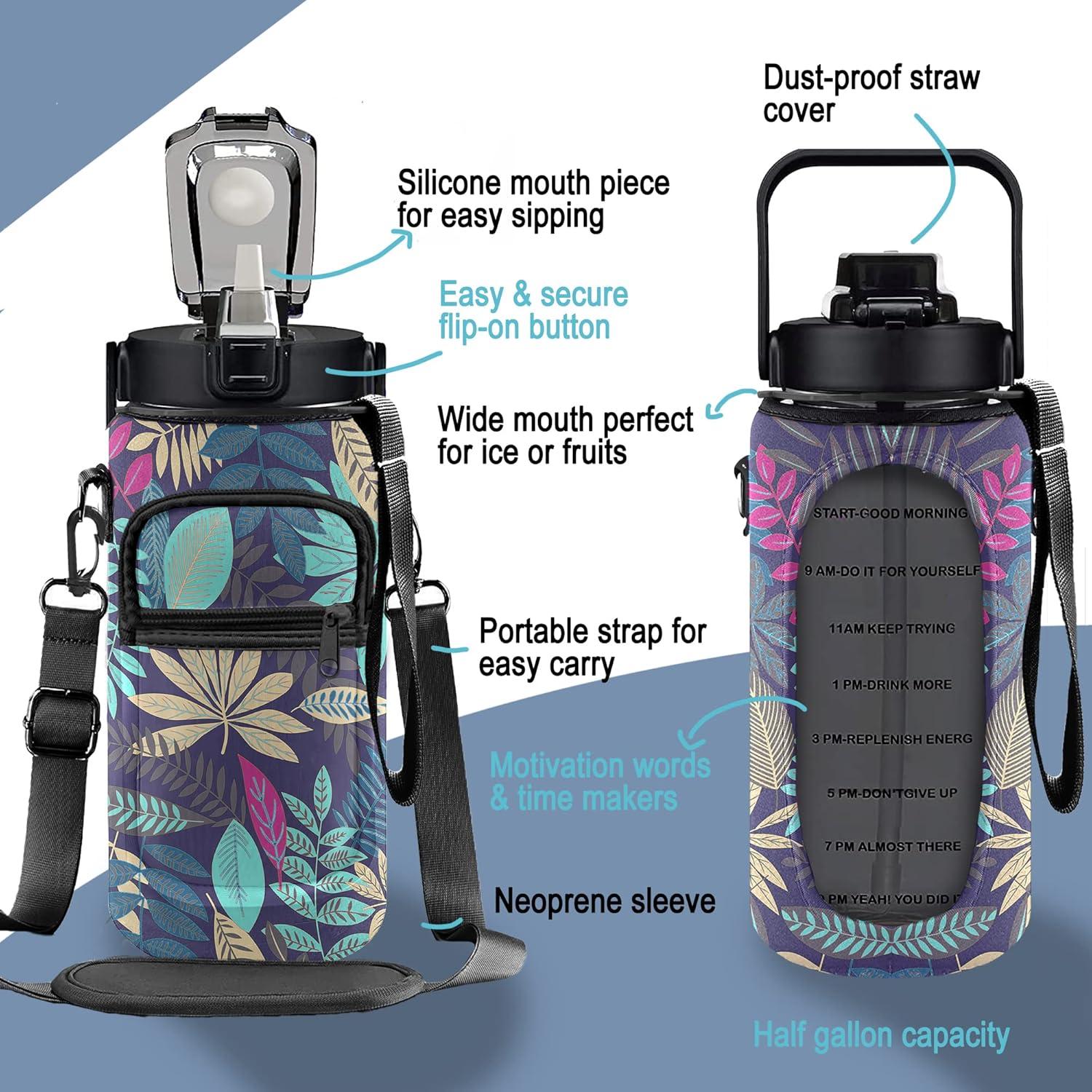 Tropical Leaves – Botella de agua de medio galón con funda, botella de agua de 12 galón, botella de agua de 64 onzas con marcador de tiempo, botella