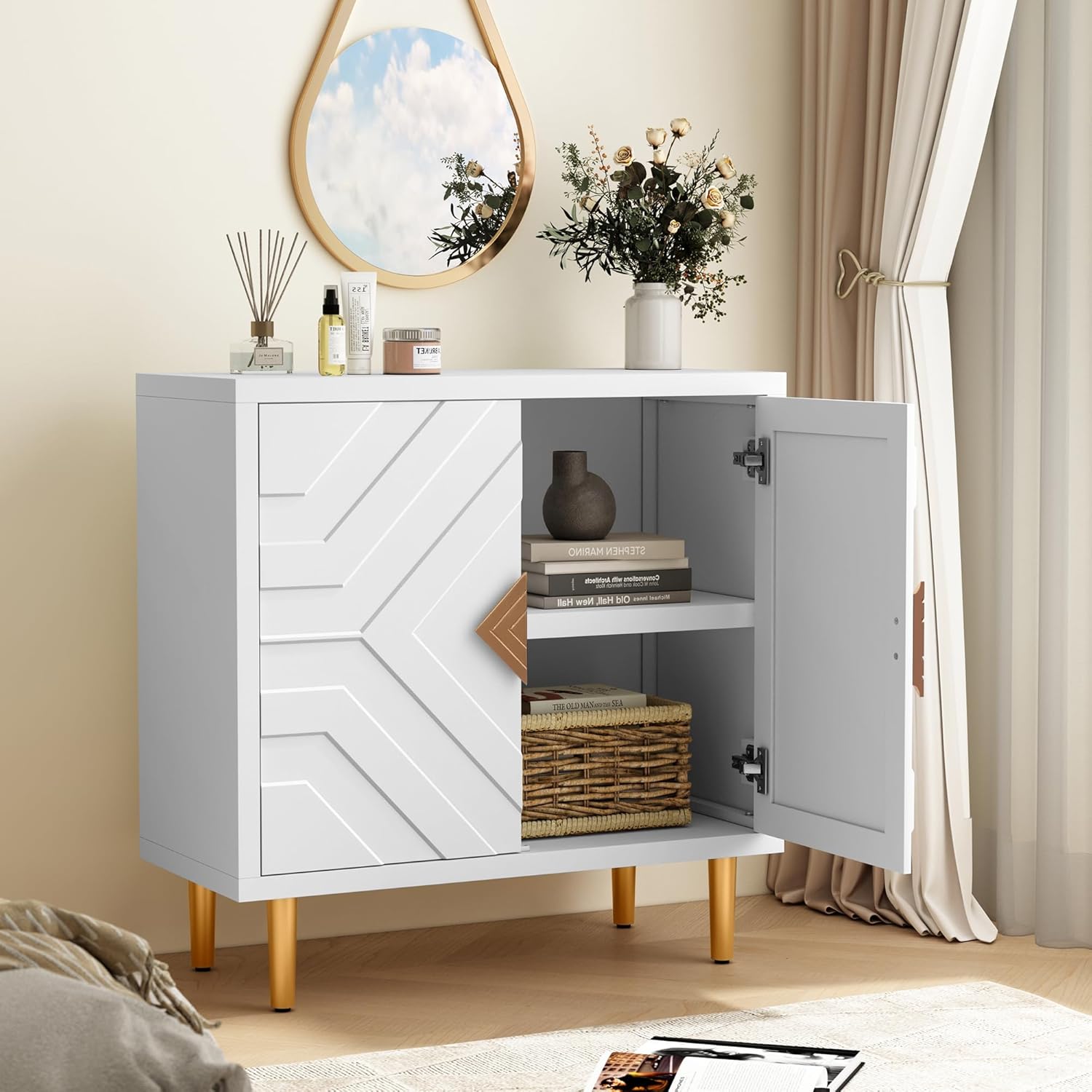 HLR Armario de almacenamiento con 2 puertas, armario decorativo con puertas decorativas en relieve, aparador de gabinete de buffet para sala de