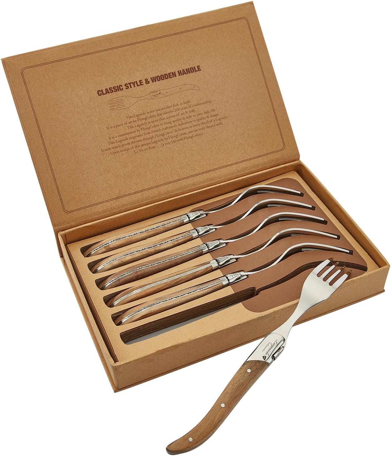 Laguiole by FlyingColors – Juego de tenedores de acero inoxidable, mango de madera de olivo, caja de regalo, 6 piezas