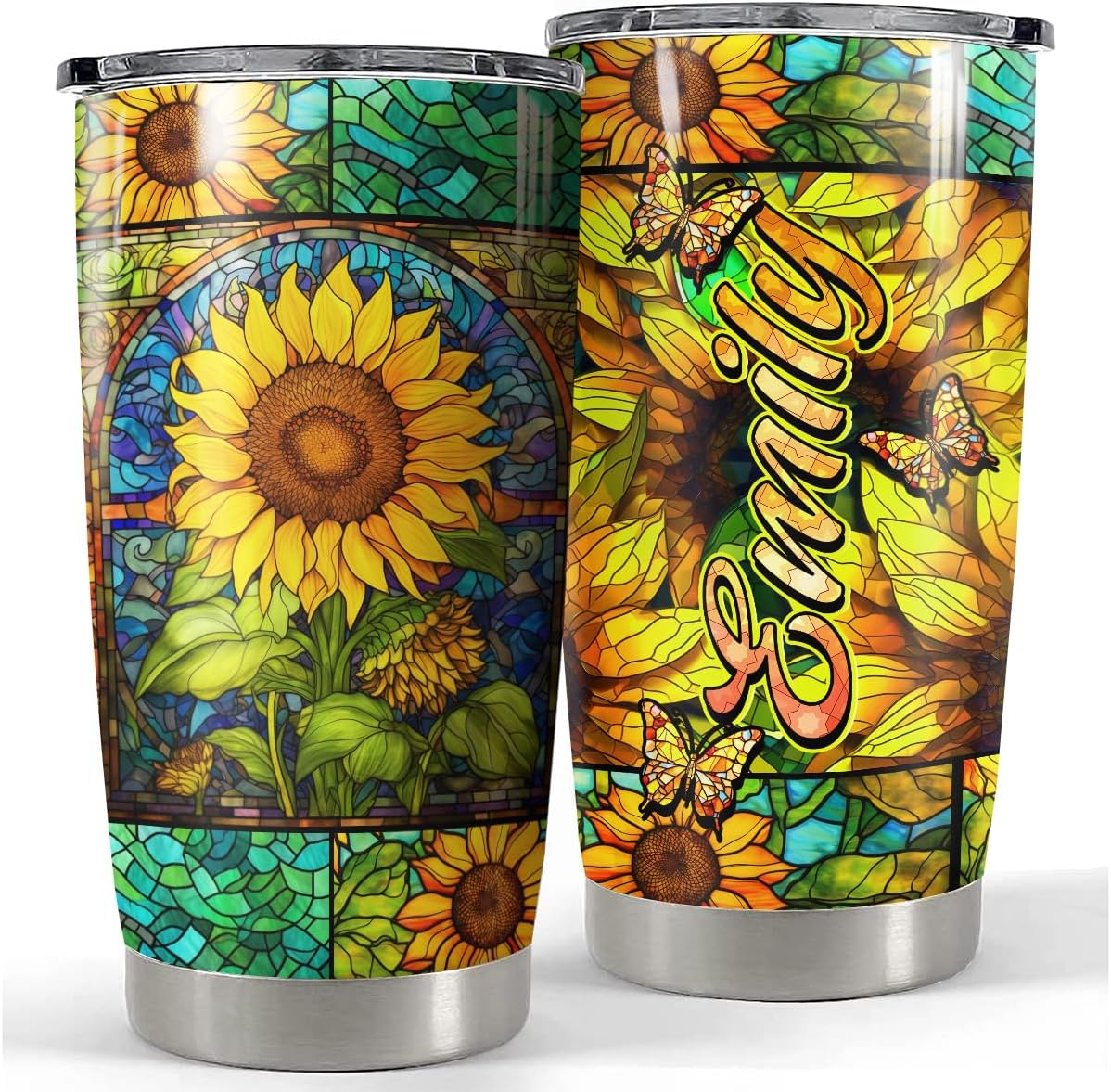 La Fonte Vaso de girasol personalizado, vaso temático de vidrieras de girasol, taza de café para amantes de los girasoles, taza de viaje de girasol,