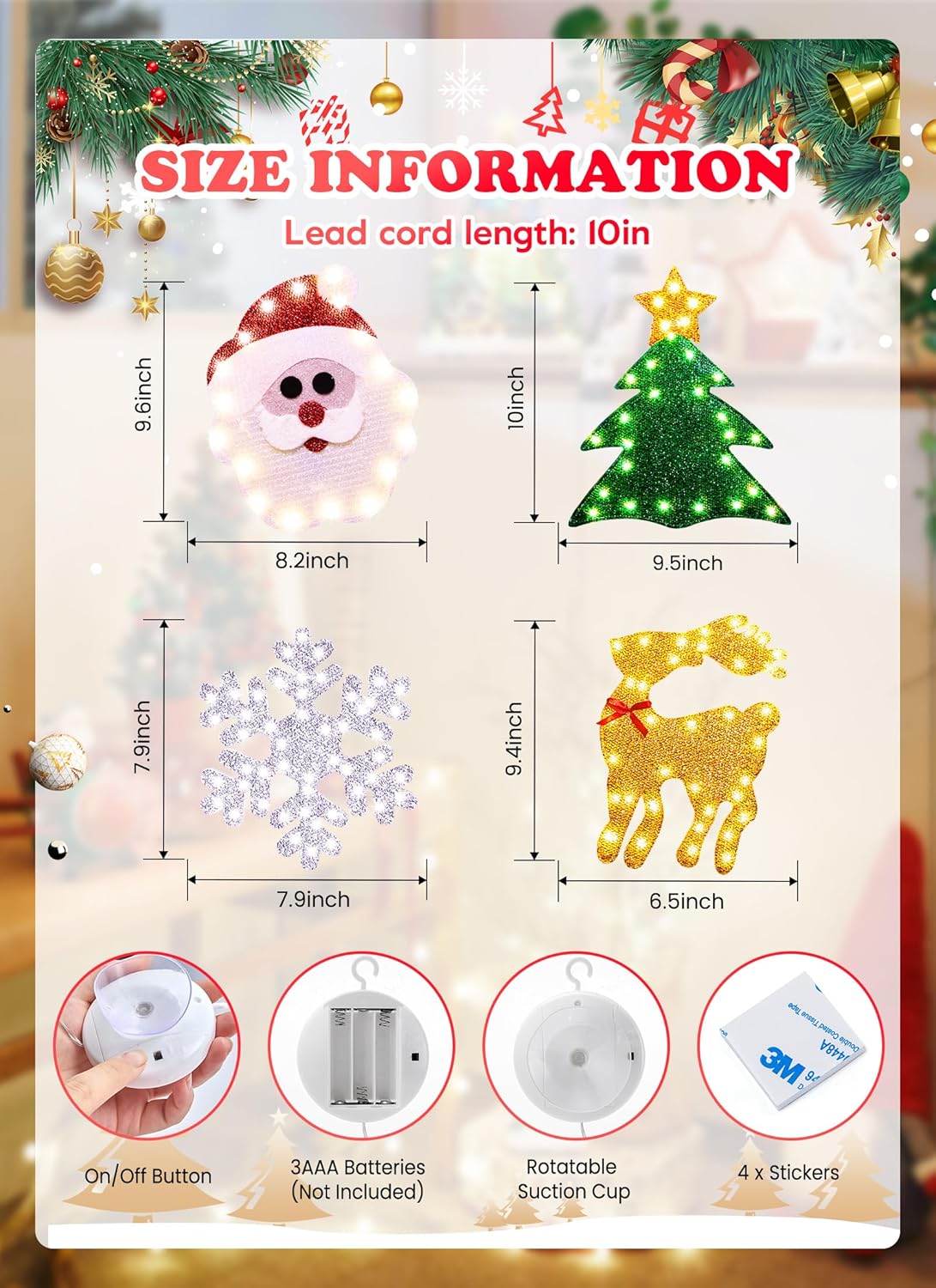 Luces de ventana de Navidad, 4 piezas de silueta de ventana de Navidad, letrero iluminado, funciona con pilas, luces de fondo con gancho de ventosa
