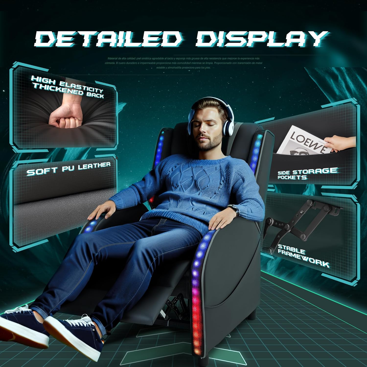 Homall Silla reclinable de masaje LED para juegos, estilo carreras, sofá reclinable de piel sintética, cómodo asiento ergonómico para cine en casa