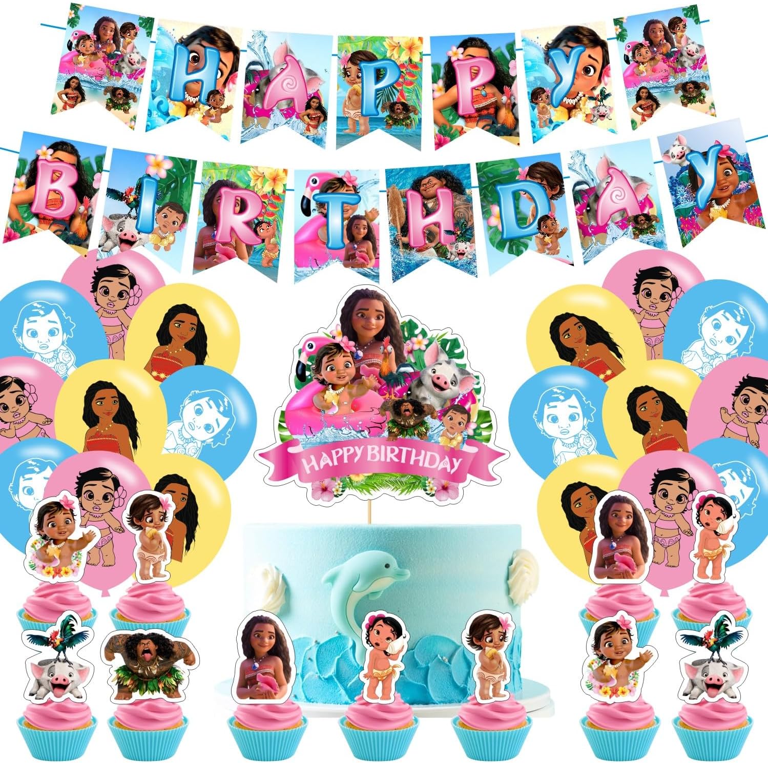 Decoraciones de cumpleaños de Baby Moana, suministros de fiesta de Baby Moana incluyen pancarta de feliz cumpleaños, decoración de pastel y
