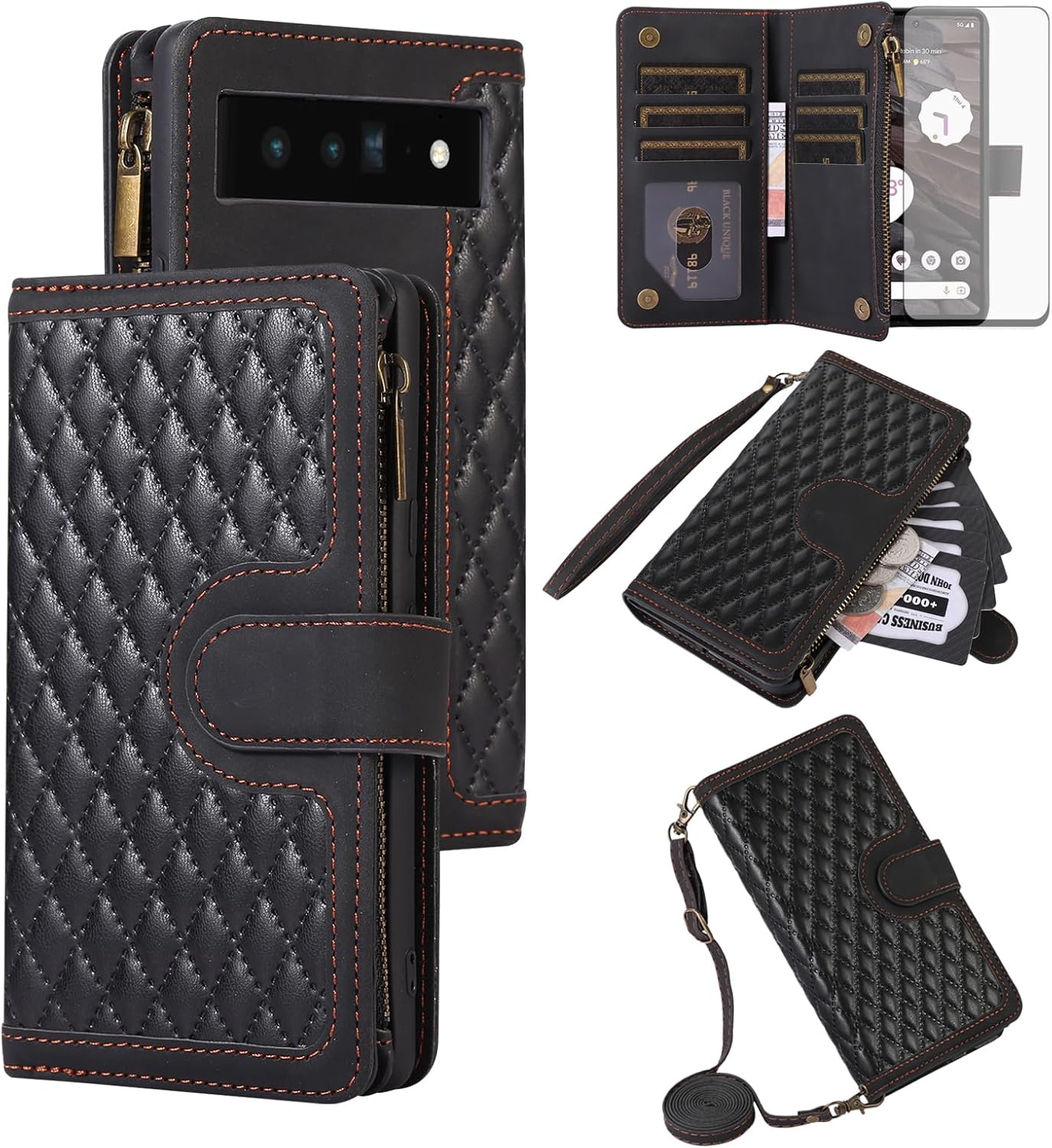 Asuwish Funda para teléfono para Google Pixel 6 Pro con protector de pantalla de vidrio templado y correa para la muñeca, cremallera abatible,