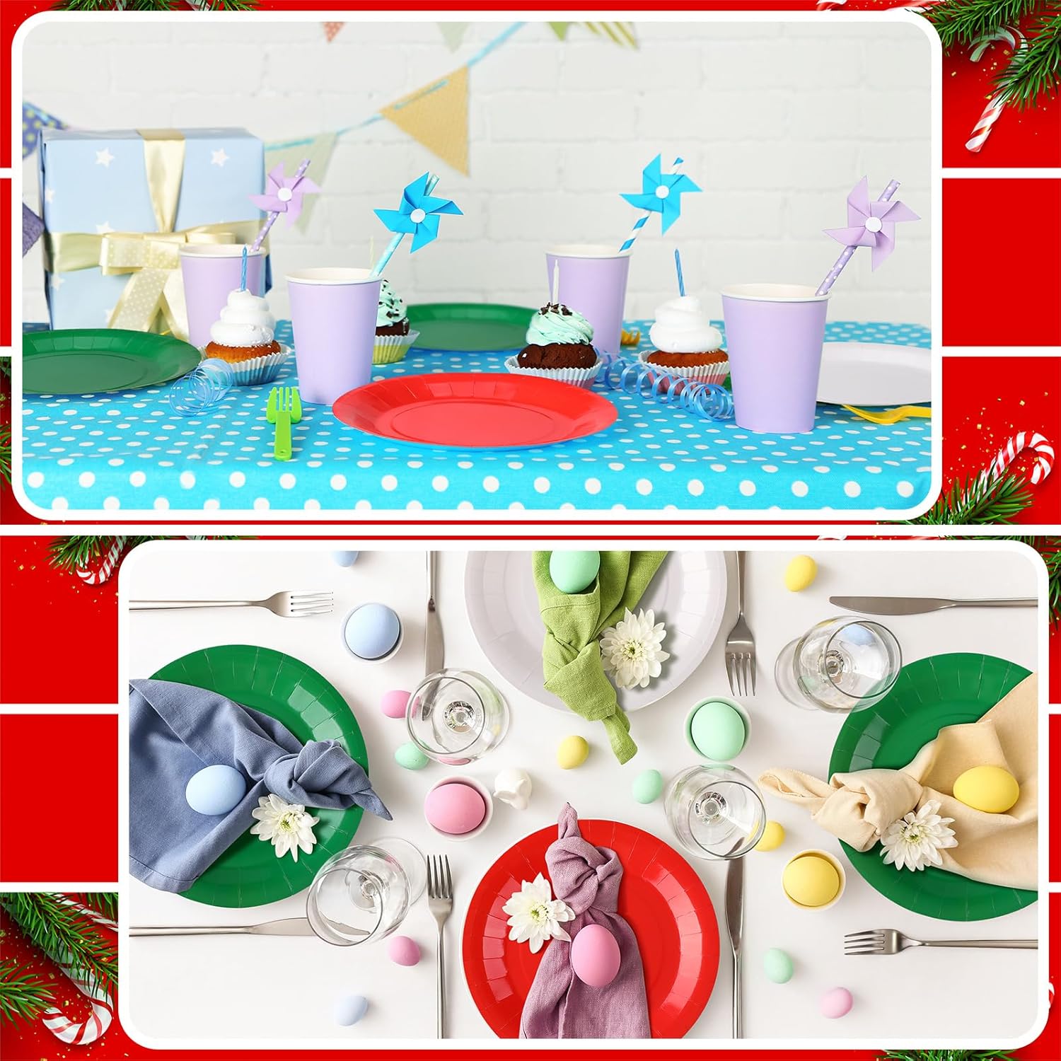 Tioncy 180 platos rojos, blancos y verdes, platos de papel desechables de Navidad, platos de papel de postre, platos de cena a granel, decoración de