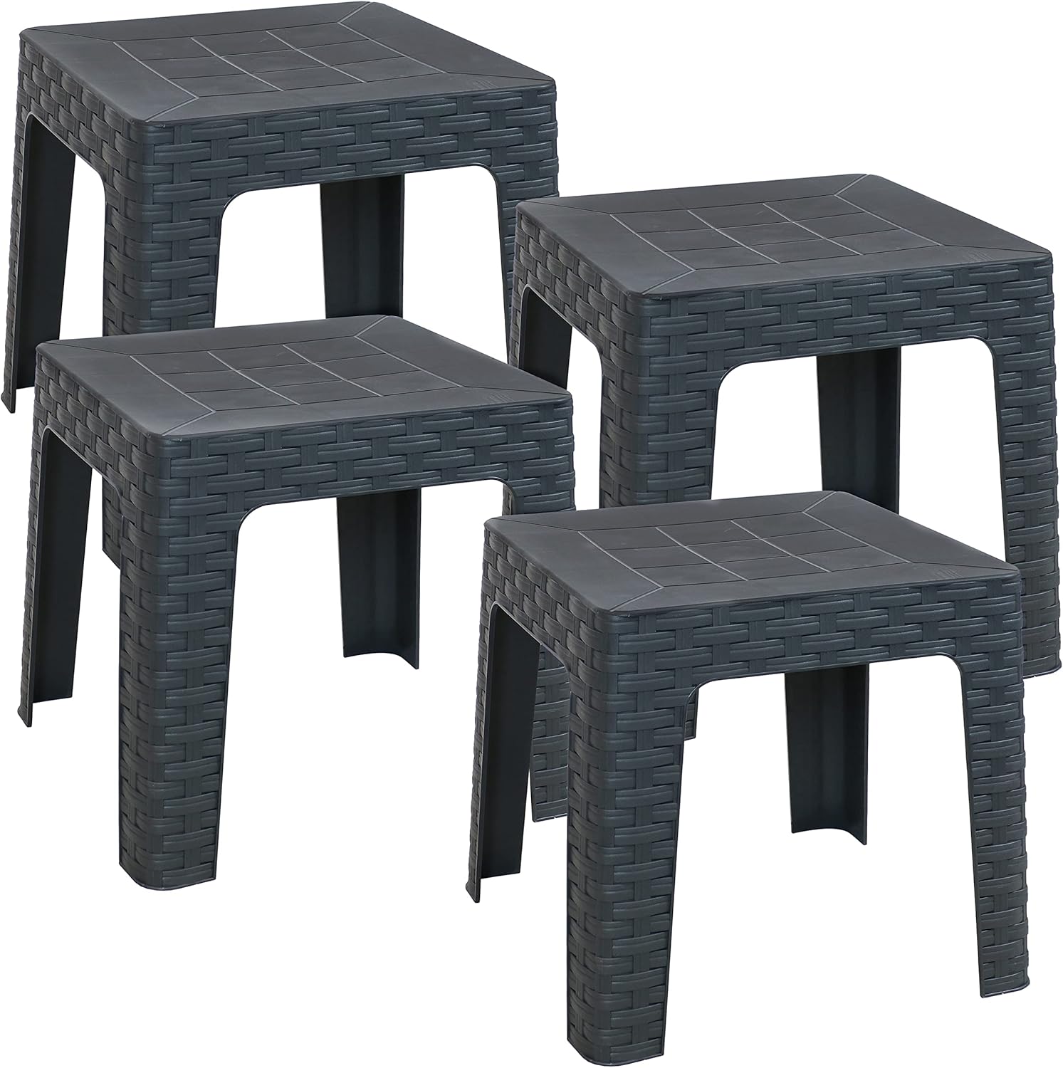 Sunnydaze Mesa auxiliar cuadrada de plástico para interiores y exteriores de 18 pulgadas, juego de 4, color gris