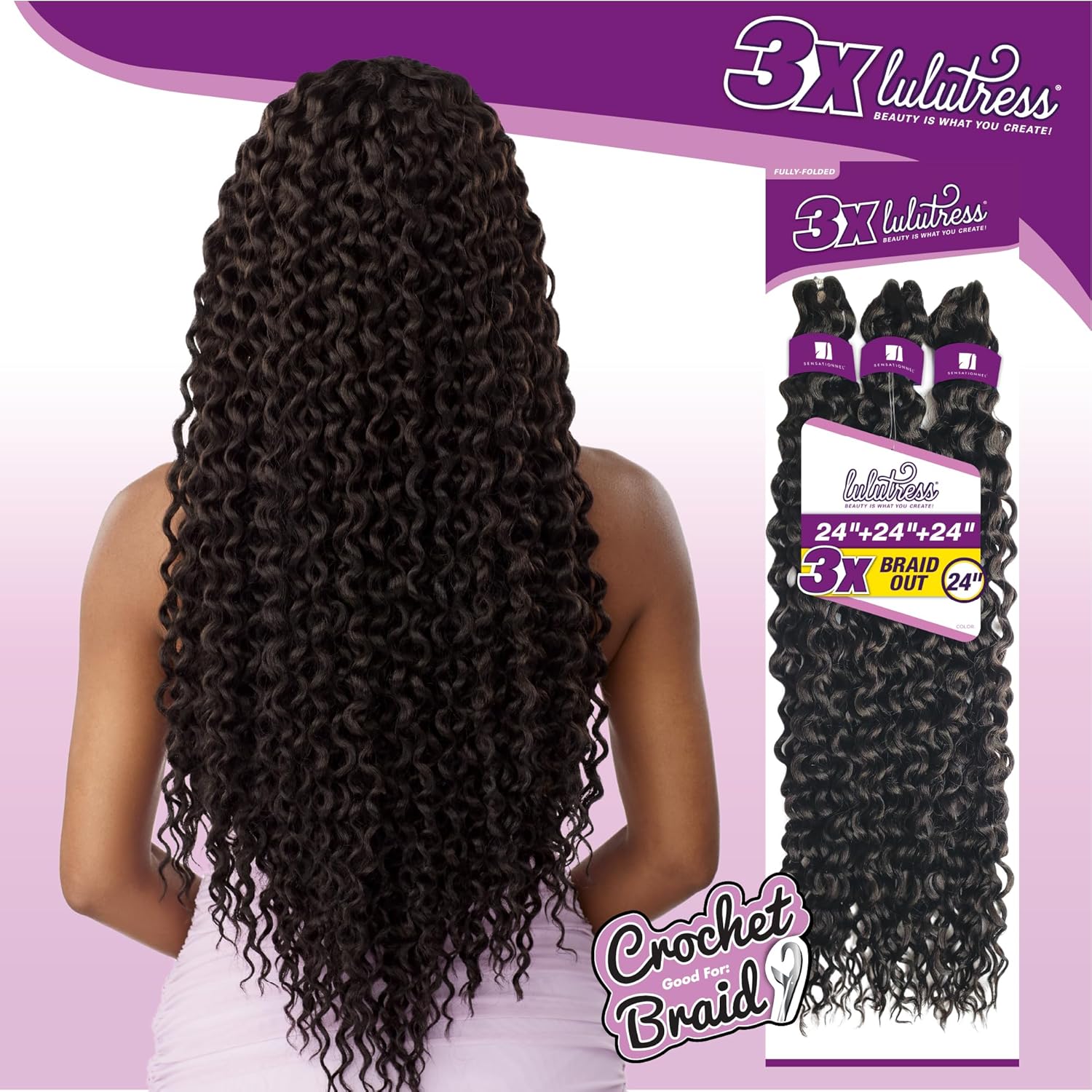 Sensationnel Lulutress Braid Out – Extensiones de cabello sintético trenzado 3X de 24 pulgadas con trenzas de ganchillo preestilizadas, LULUTRESS 3