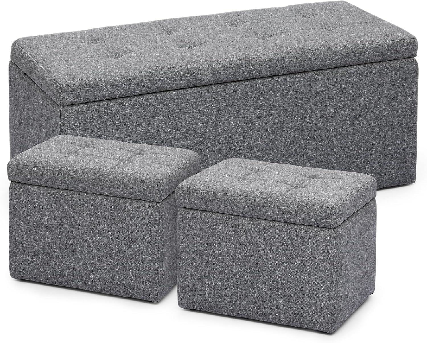 Magshion Banco otomano rectangular de almacenamiento, reposapiés copetudo con otomanas cubo, juego de 3 bancos para dormitorio, extremo de cama,