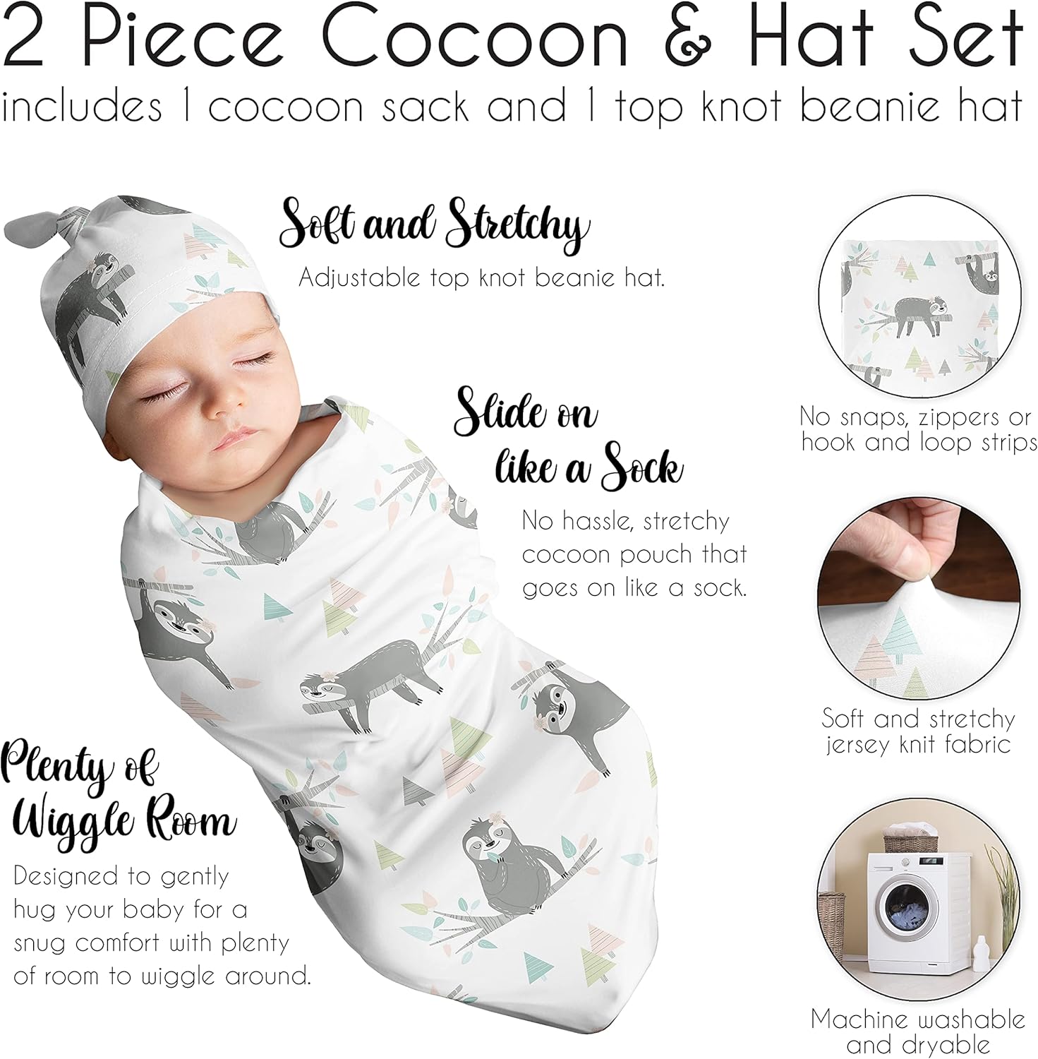 Sweet Jojo Designs Pink Jungle Sloth – Conjunto de gorro de punto elástico para bebé, saco de dormir de punto elástico, saco de dormir para bebé,