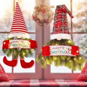2 piezas de corona de Navidad de 30 pulgadas para puerta delantera, corona de Navidad con luz de pino artificial de abeto colgante, gnomo de Papá 2 piezas de corona de Navidad de 30 pulgadas para puerta delantera, corona de Navidad con luz de pino artificial de abeto colgante, gnomo de Papá