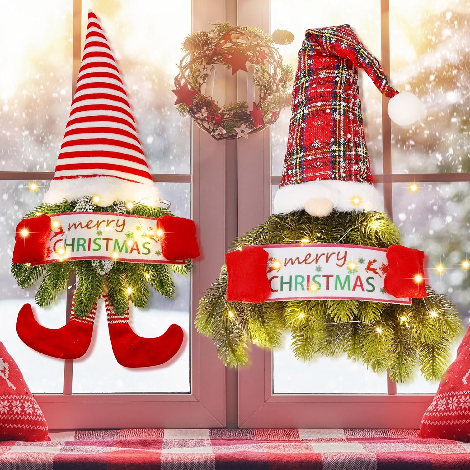 2 piezas de corona de Navidad de 30 pulgadas para puerta delantera, corona de Navidad con luz de pino artificial de abeto colgante, gnomo de Papá
