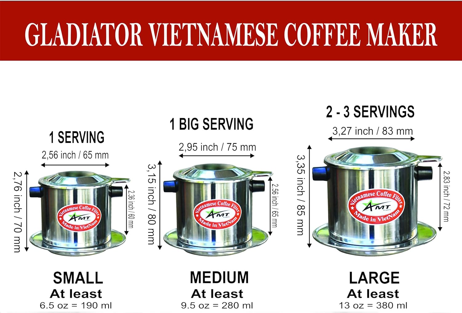 AMT Cafetera vietnamita de 13 onzas, 2-3 porciones Phin, café vietnamita con rosca para estilo vietnamita en la oficina en casa (13 onzas, corcho)