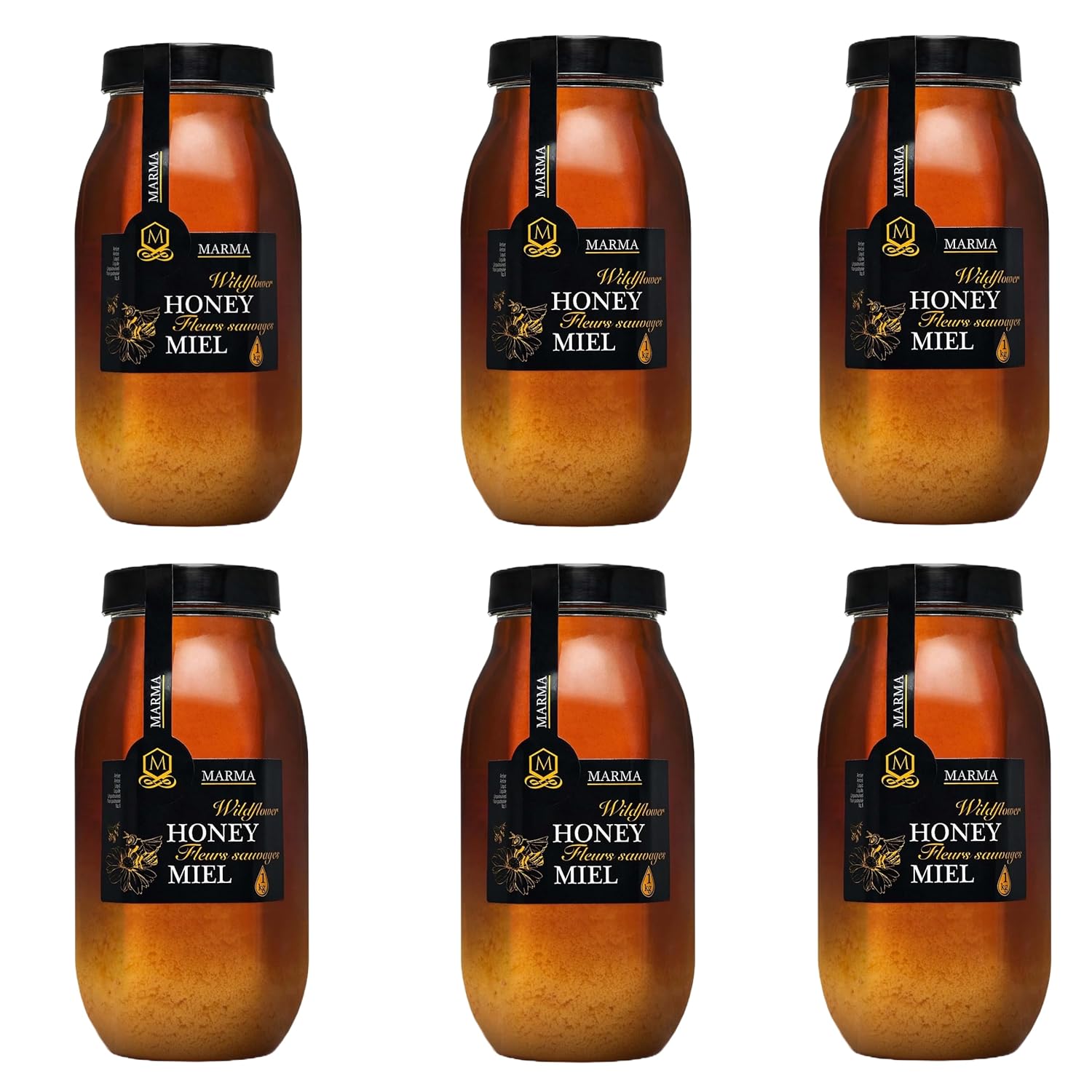 HONIGMA Marma – Miel de flores silvestres  Sabor exquisito  100% pura  Cristalizada  Sin pasteurizar  Sin filtrar  35.2 oz  Paquete de 6