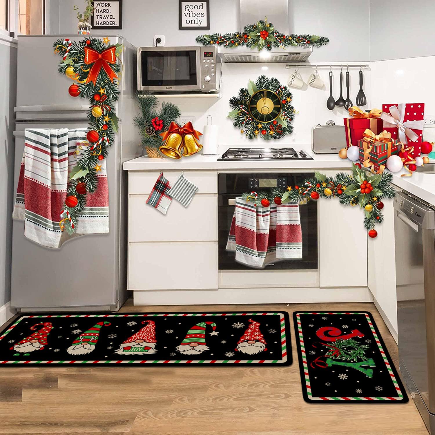 Eikunn Juego de 2 alfombras de cocina de Navidad, gnomos negros, tapete de cocina para el piso, Navidad, invierno, vacaciones, antideslizante,