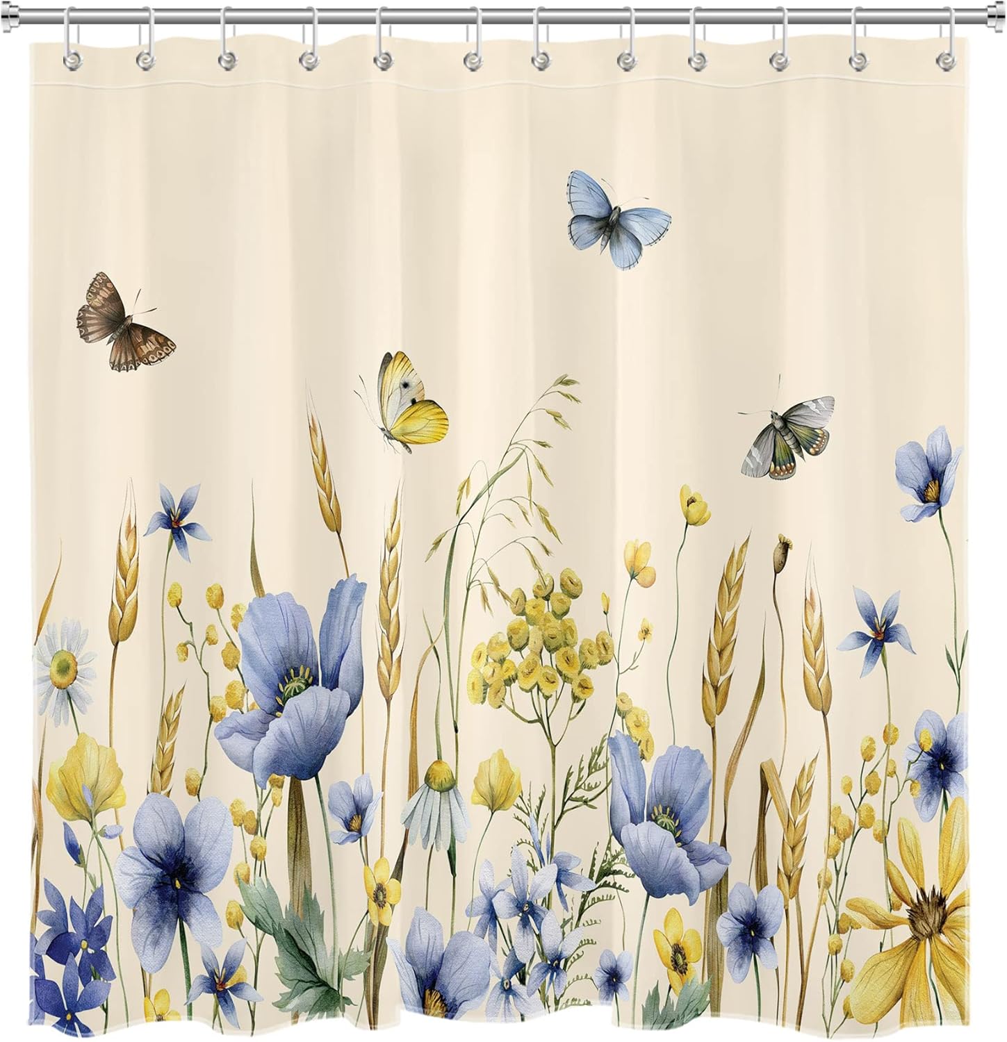 Cortina de ducha rústica con flores silvestres azules y amarillas sobre beige, juego de cortina de ducha para baño, cortina de baño de tela rústica