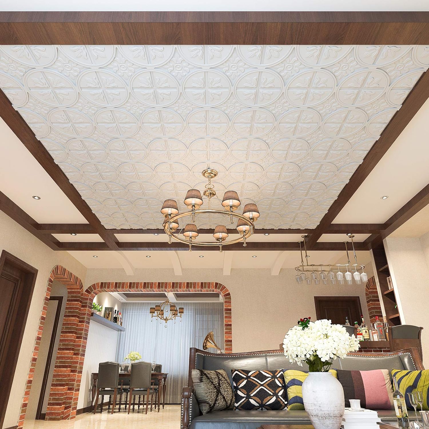 Art3d Azulejos de techo de caída 2×2, panel de techo con pegamento, estilo clásico de lujo en blanco