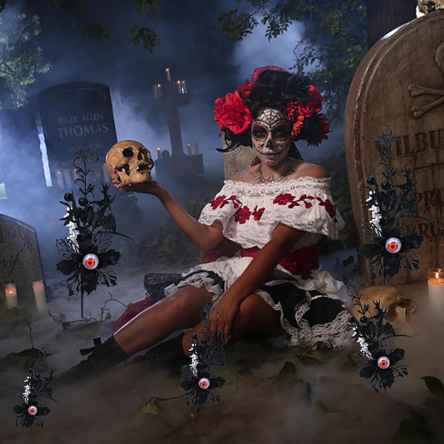 4 piezas de flores artificiales negras con purpurina de Halloween, murciélago, rayas de sangre del diablo, tallos de ojos para decoración del hogar