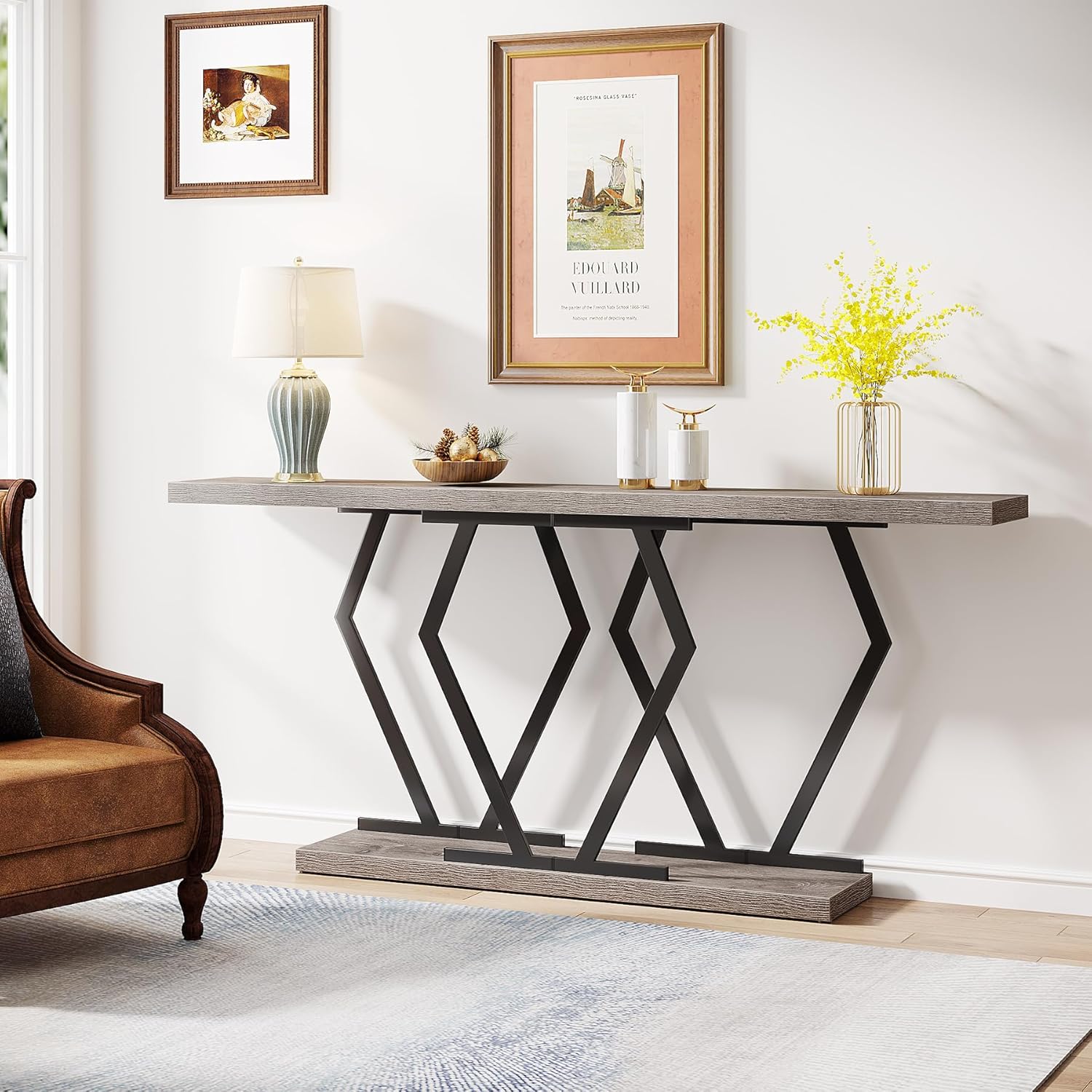 Tribesigns Mesa consola de 70.9 pulgadas para sala de estar, mesa de sofá larga estrecha con marco de metal geométrico resistente, mesa de madera
