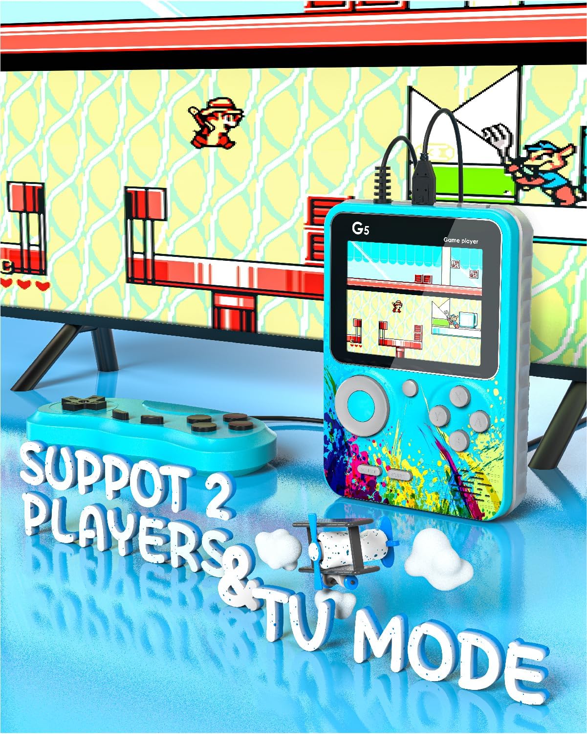 Consola de juegos portátil G5 consola de videojuegos retro con cientos de videojuegos clásicos precargados, compatible con 2 jugadores y conexión de