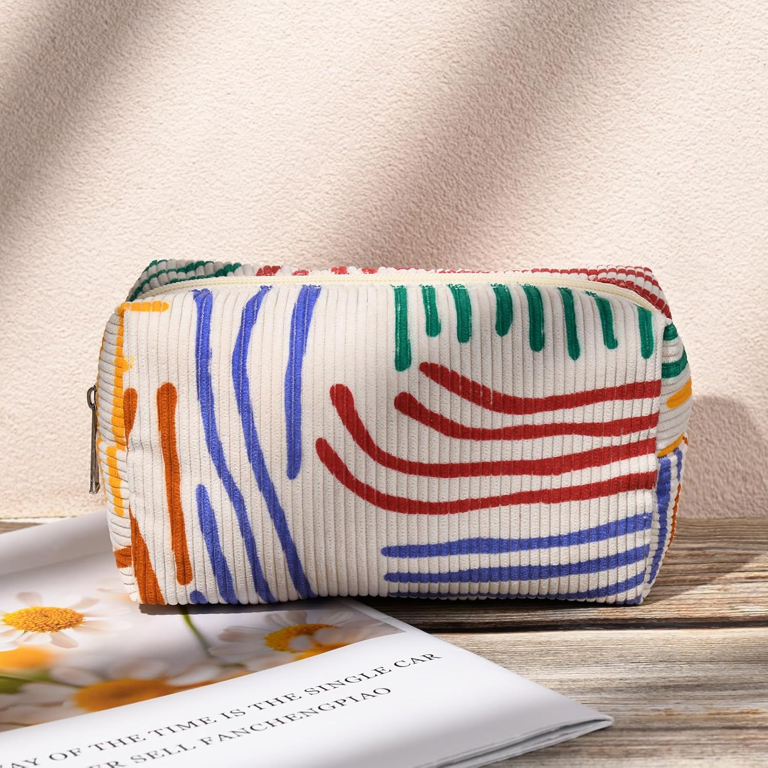 SOIDRAM Bolsa de maquillaje grande de pana de 2 piezas, bolsa de cosméticos de lona, capacidad a rayas, bolsa de aseo de viaje, organizador de