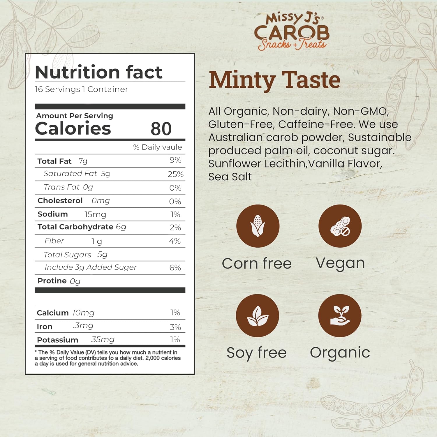 Missy J’s Chips de algarroba de menta orgánica de 8 onzas, hechas con azúcar de coco, vegano, sin gluten y cafeína, sustituto saludable del