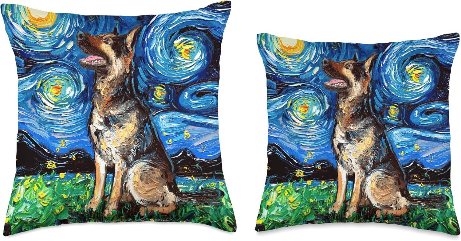 Sagittarius Gallery Happy German Shepherd Starry Night Dog Art by Aja Throw Pillow (18.0 x 18.0in), multicolor