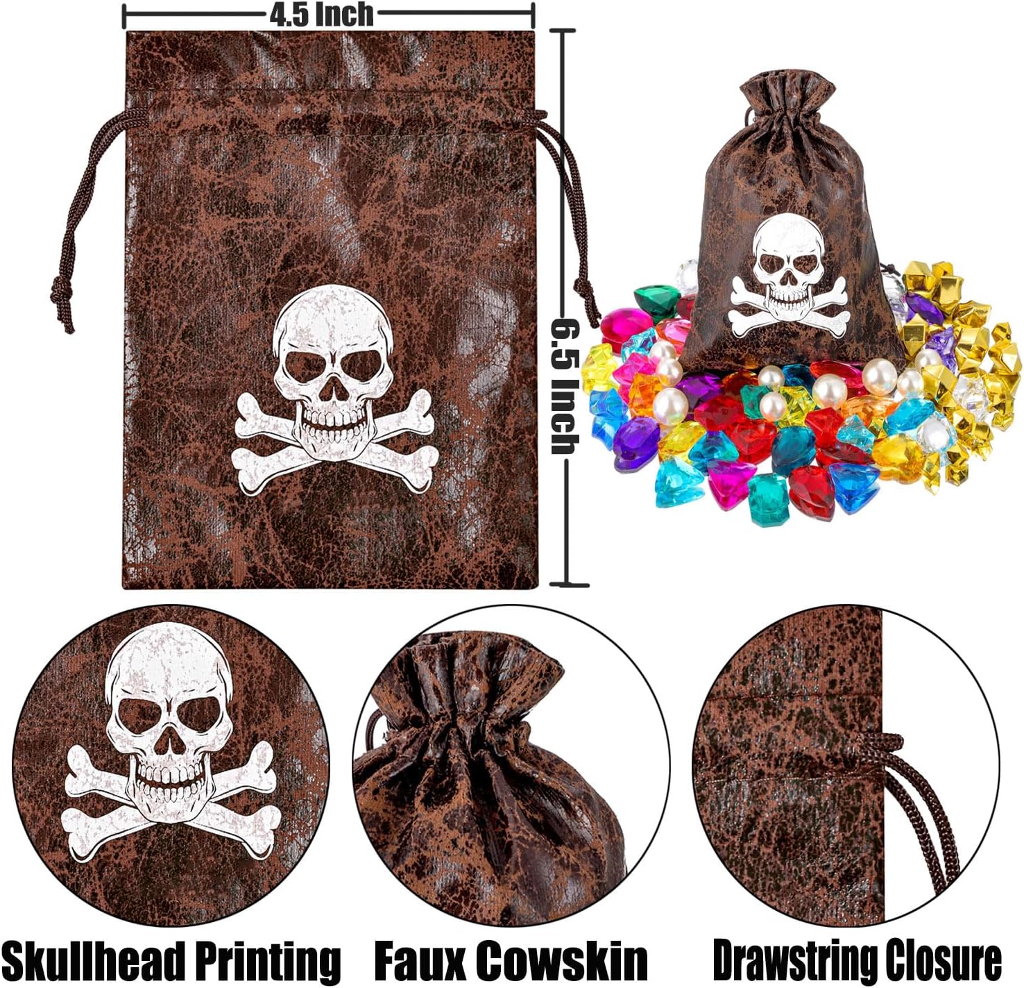 RICHNESS Bolsas de botín pirata con cordón de 4.5 x 6.5 pulgadas, piel de vaca sintética, bolsas de tesoro pirata para recuerdos de fiesta pirata,
