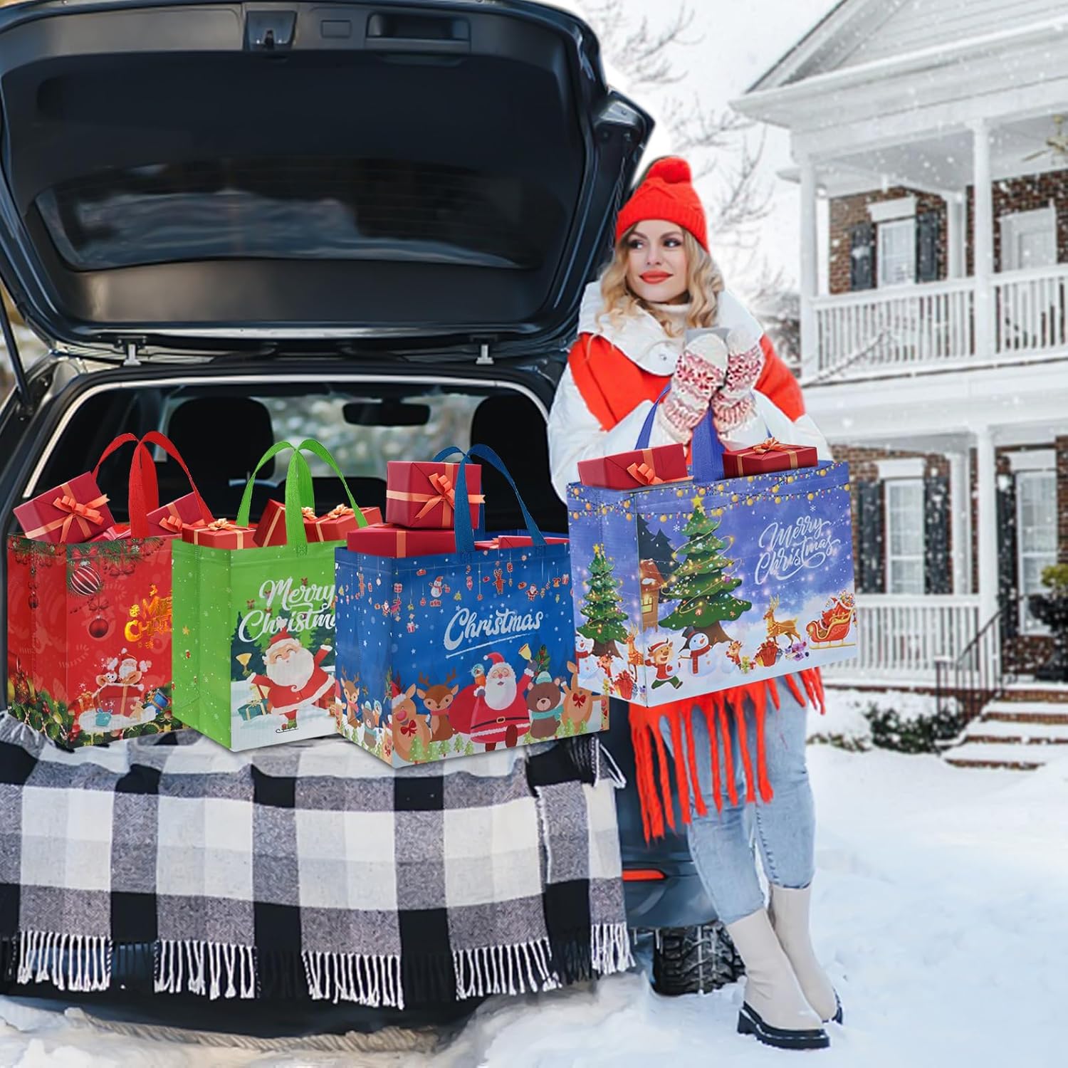 AhfuLife 12 bolsas de regalo de Navidad extra grandes, 15.7 x 14.2 x 5.9 pulgadas, bolsas de Navidad con asas, bolsas de compras de Navidad