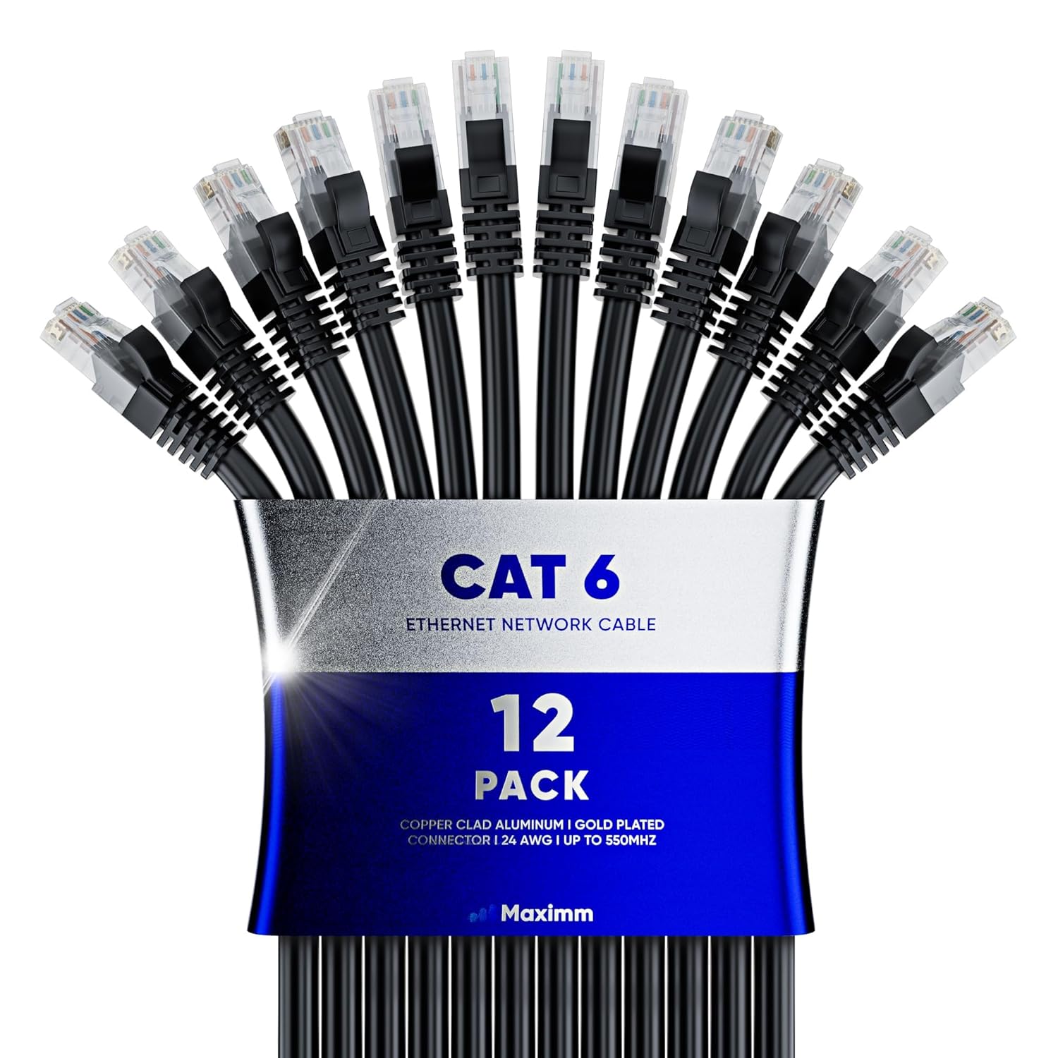 Maximm Paquete de 12 cables Ethernet Cat 6 de 15 pies, cable LAN de alta velocidad, cable de Internet, cable de conexión y cable de red, UTP, 10